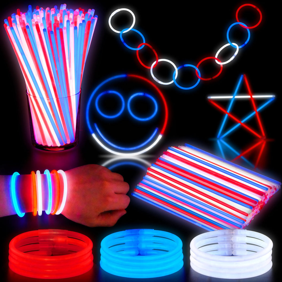JOYIN 100 Pcs Patriotic Glow Sticks Bulk with Connectors for 4th of July