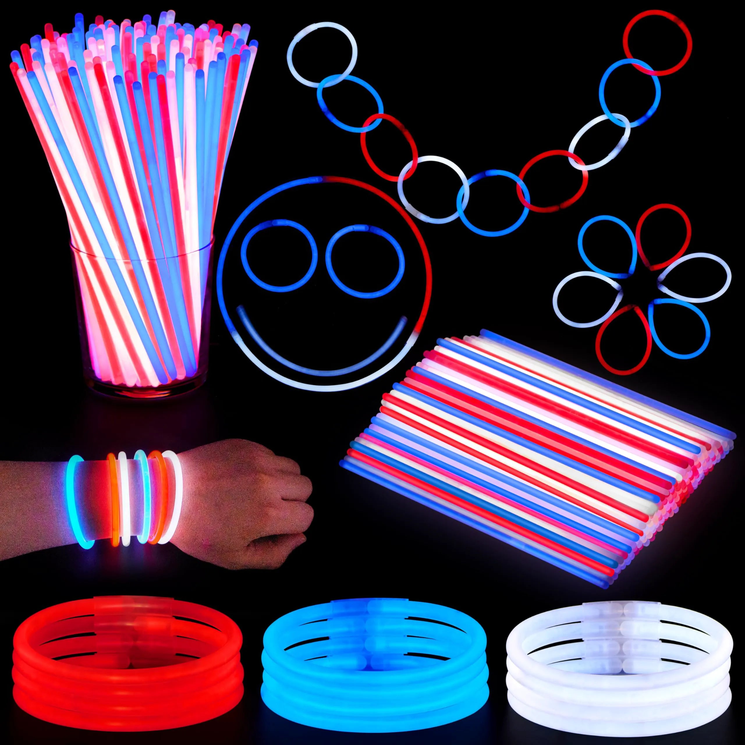 JOYIN 100 Pcs Patriotic Glow Sticks Bulk with Connectors for 4th of July