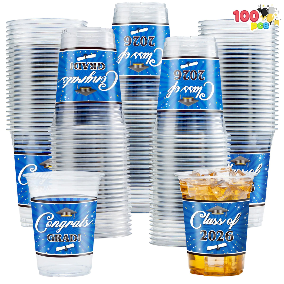 100 Pack 16oz Blue Disposable PET Graduation Cups - Class of 2026 Party Supplies