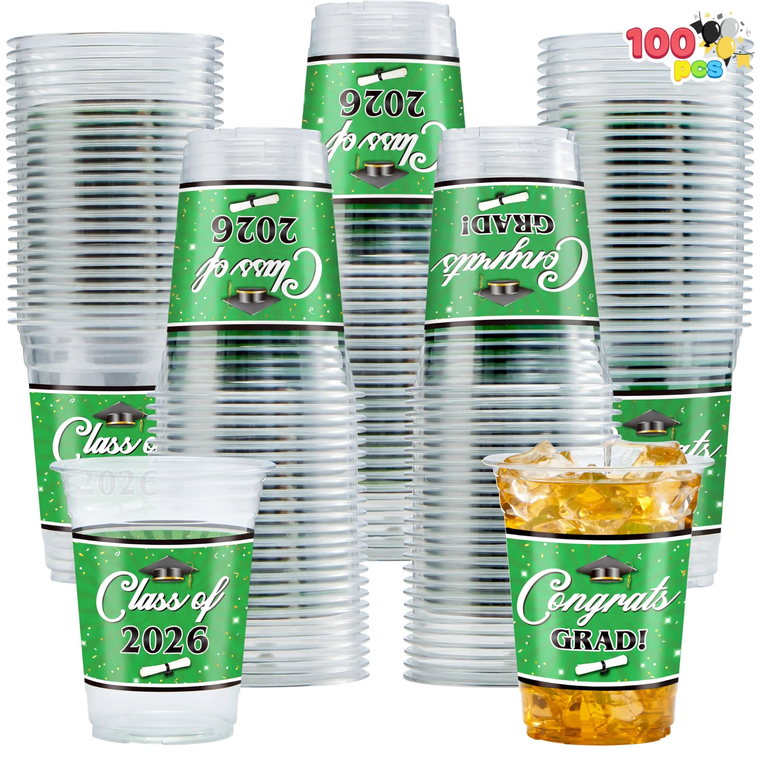 100 Pack 16oz Green Disposable PET Graduation Cups - Class of 2026 Party Supplies