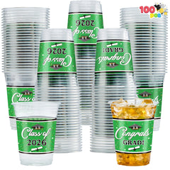 100 Pack 16oz Green Disposable PET Graduation Cups - Class of 2026 Party Supplies