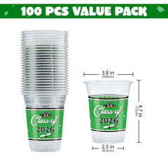 100 Pack 16oz Green Disposable PET Graduation Cups - Class of 2026 Party Supplies