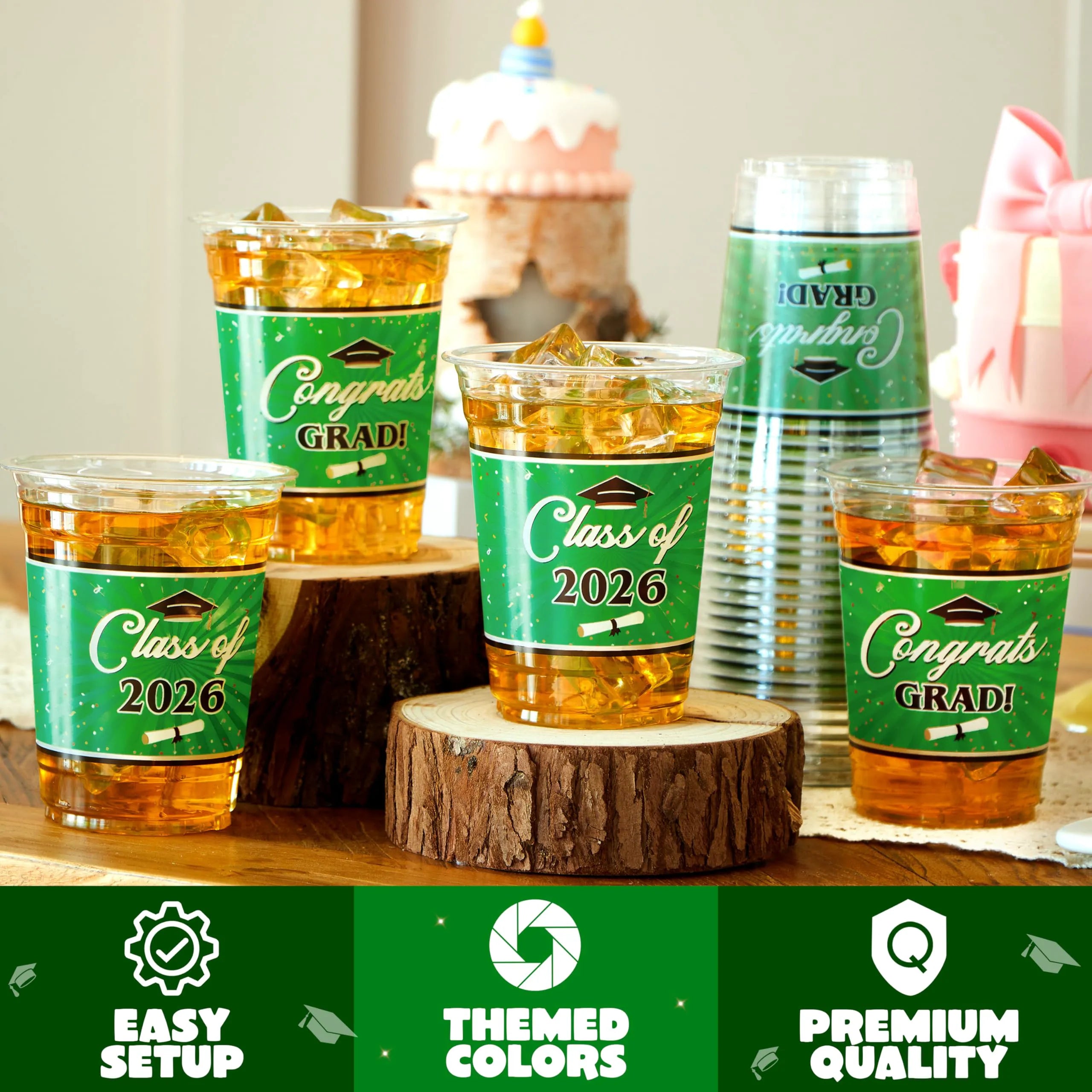 100 Pack 16oz Green Disposable PET Graduation Cups - Class of 2026 Party Supplies