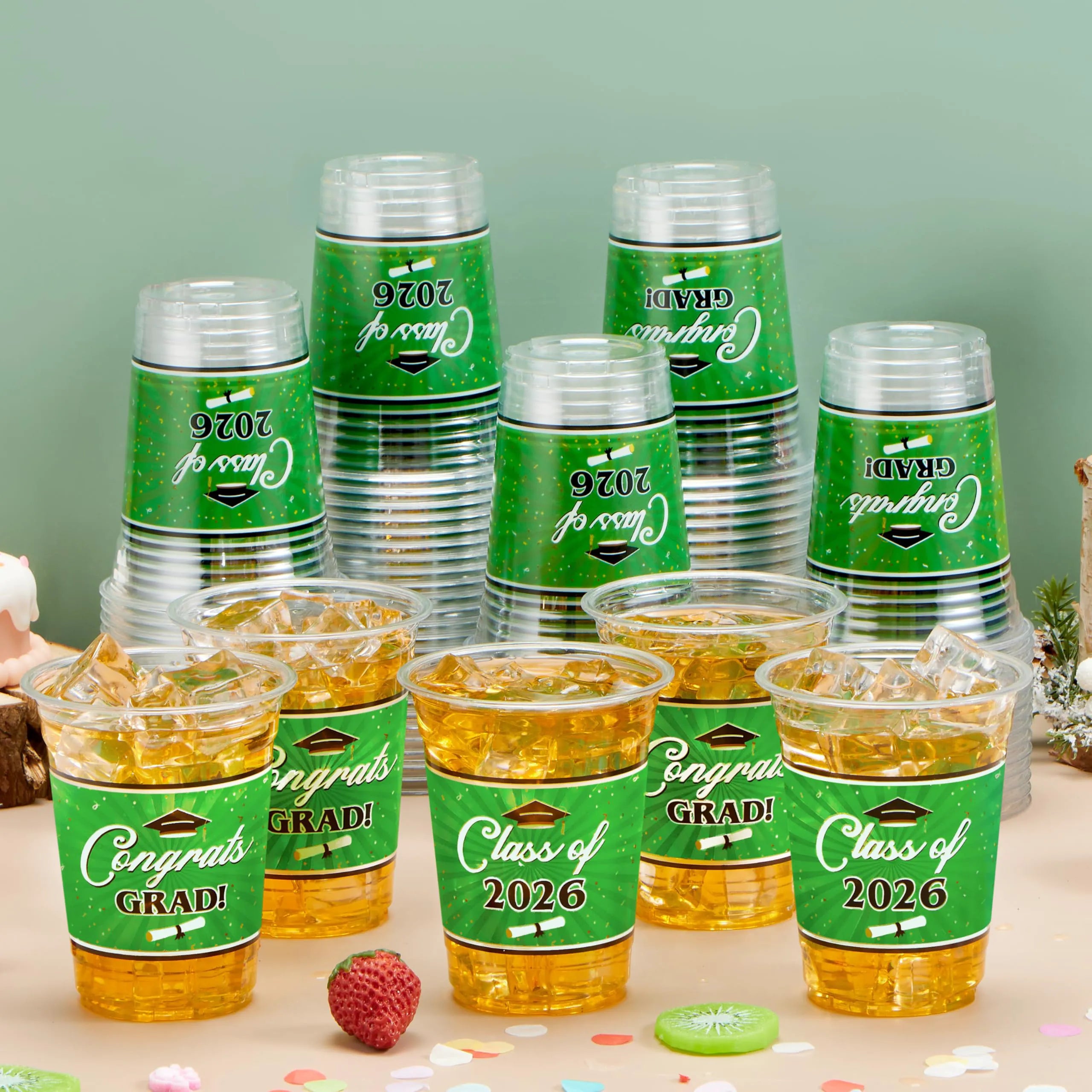 100 Pack 16oz Green Disposable PET Graduation Cups - Class of 2026 Party Supplies