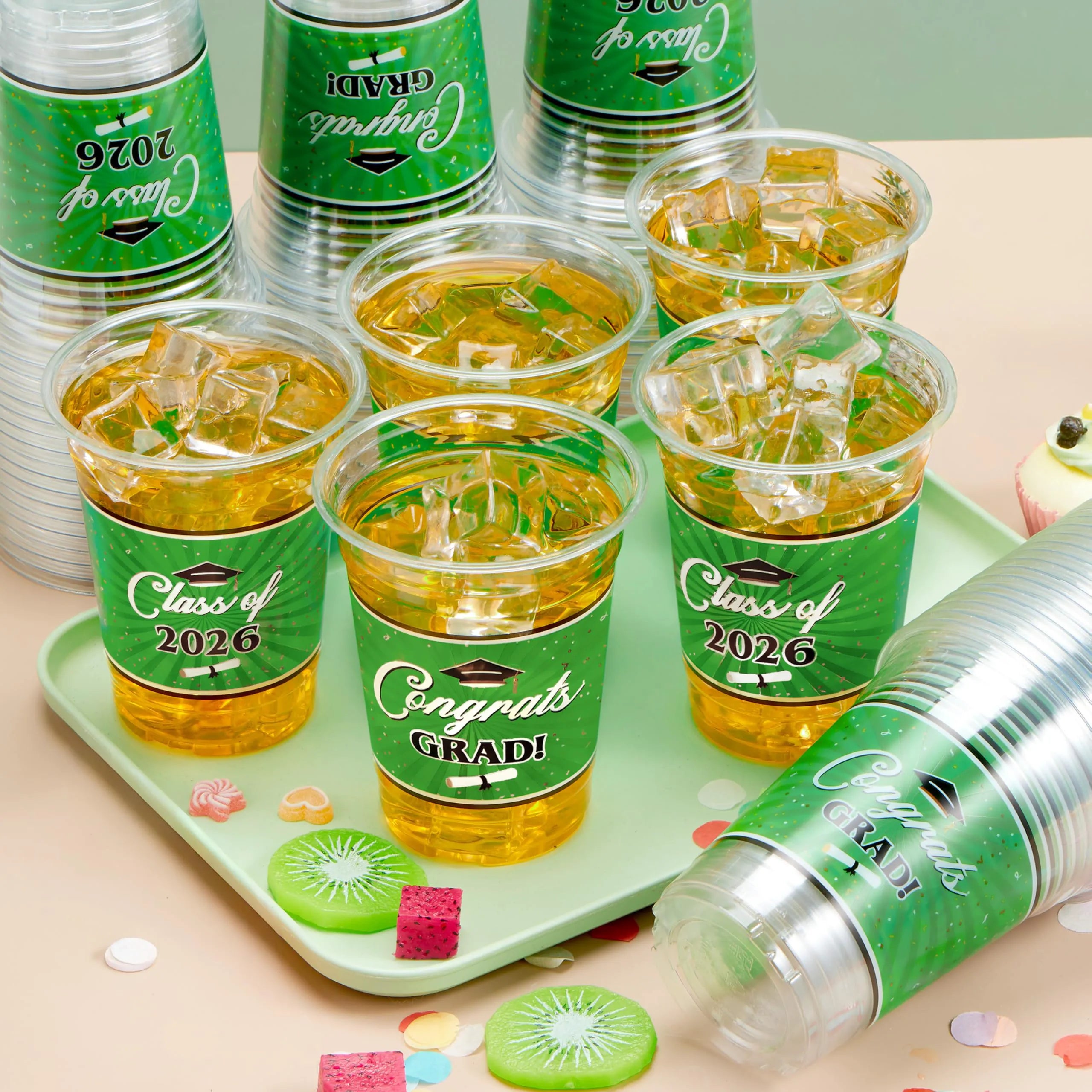 100 Pack 16oz Green Disposable PET Graduation Cups - Class of 2026 Party Supplies