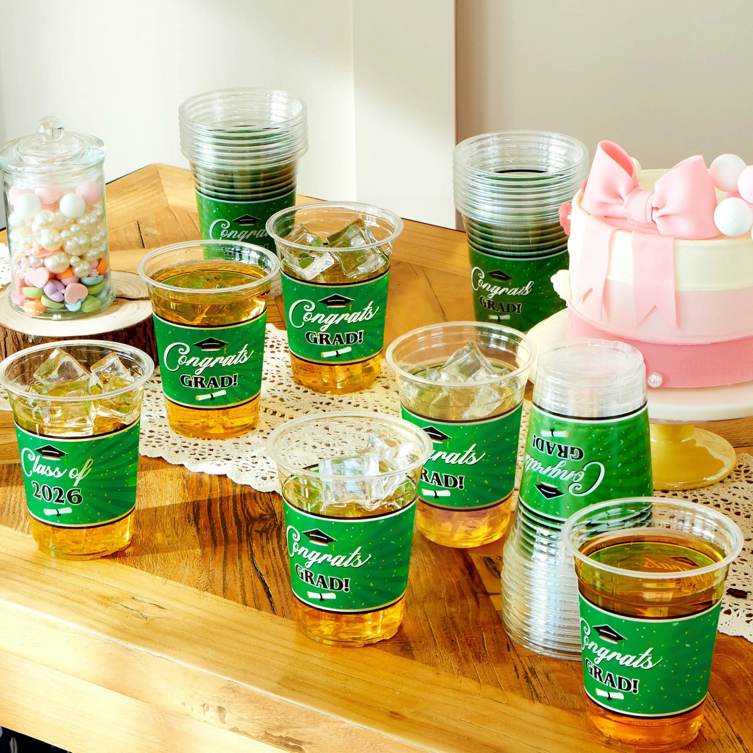 100 Pack 16oz Green Disposable PET Graduation Cups - Class of 2026 Party Supplies