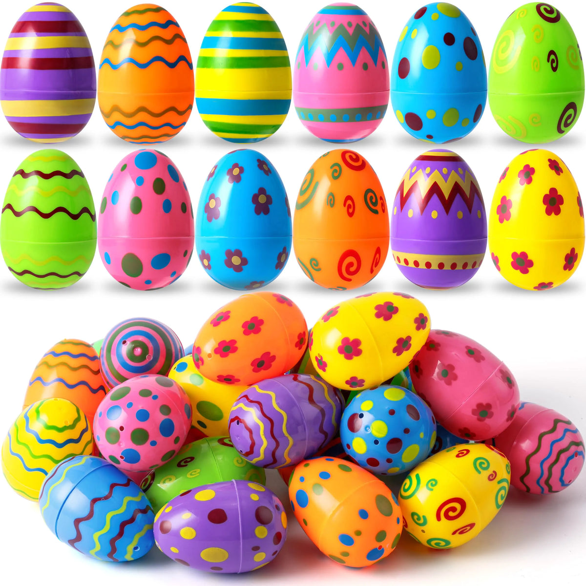 JOYIN 100 Pcs Plastic Printed Bright Easter Eggs 3.15" Fillable Empty Eggs for Easter Hunt