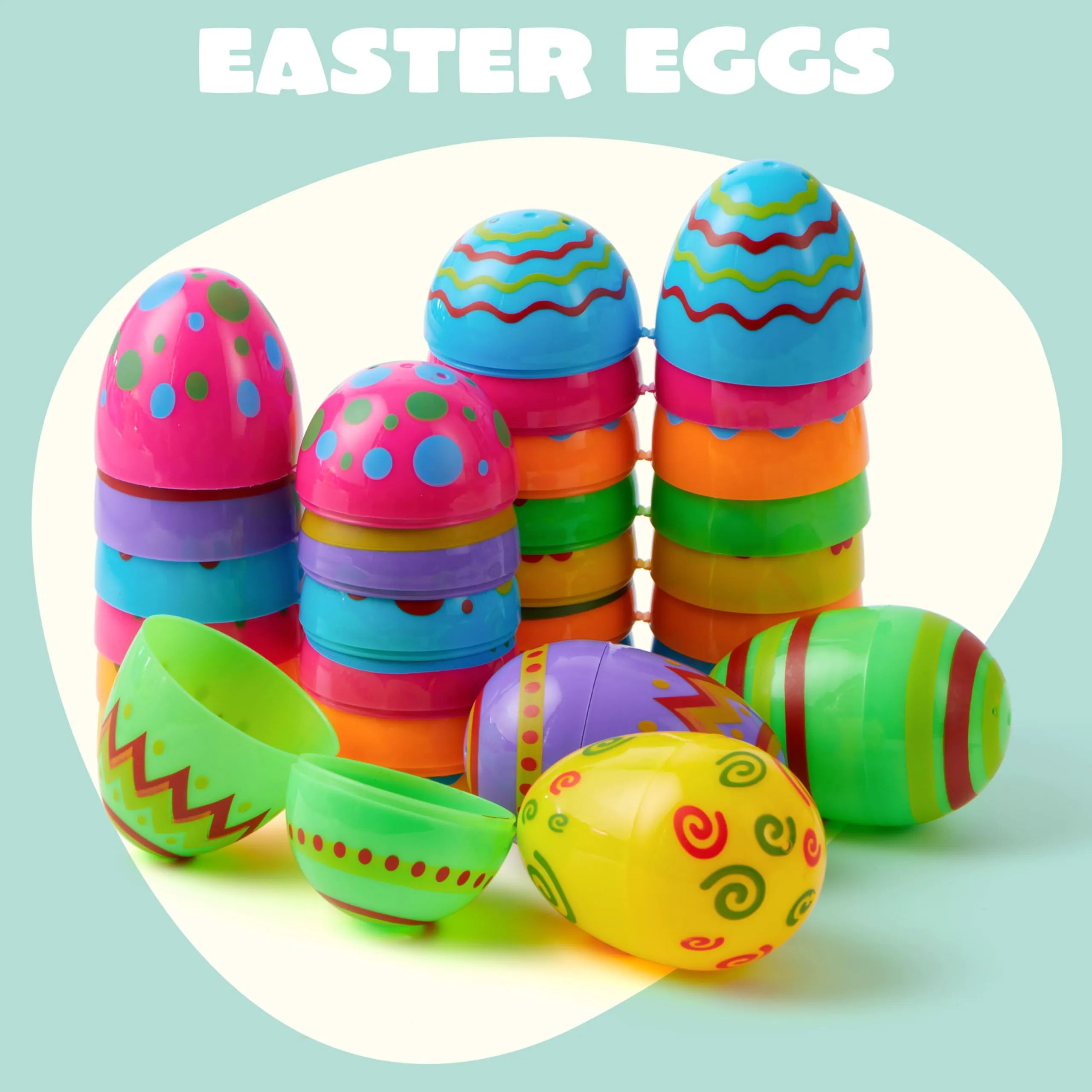 JOYIN 100 Pcs Plastic Printed Bright Easter Eggs 3.15" Fillable Empty Eggs for Easter Hunt