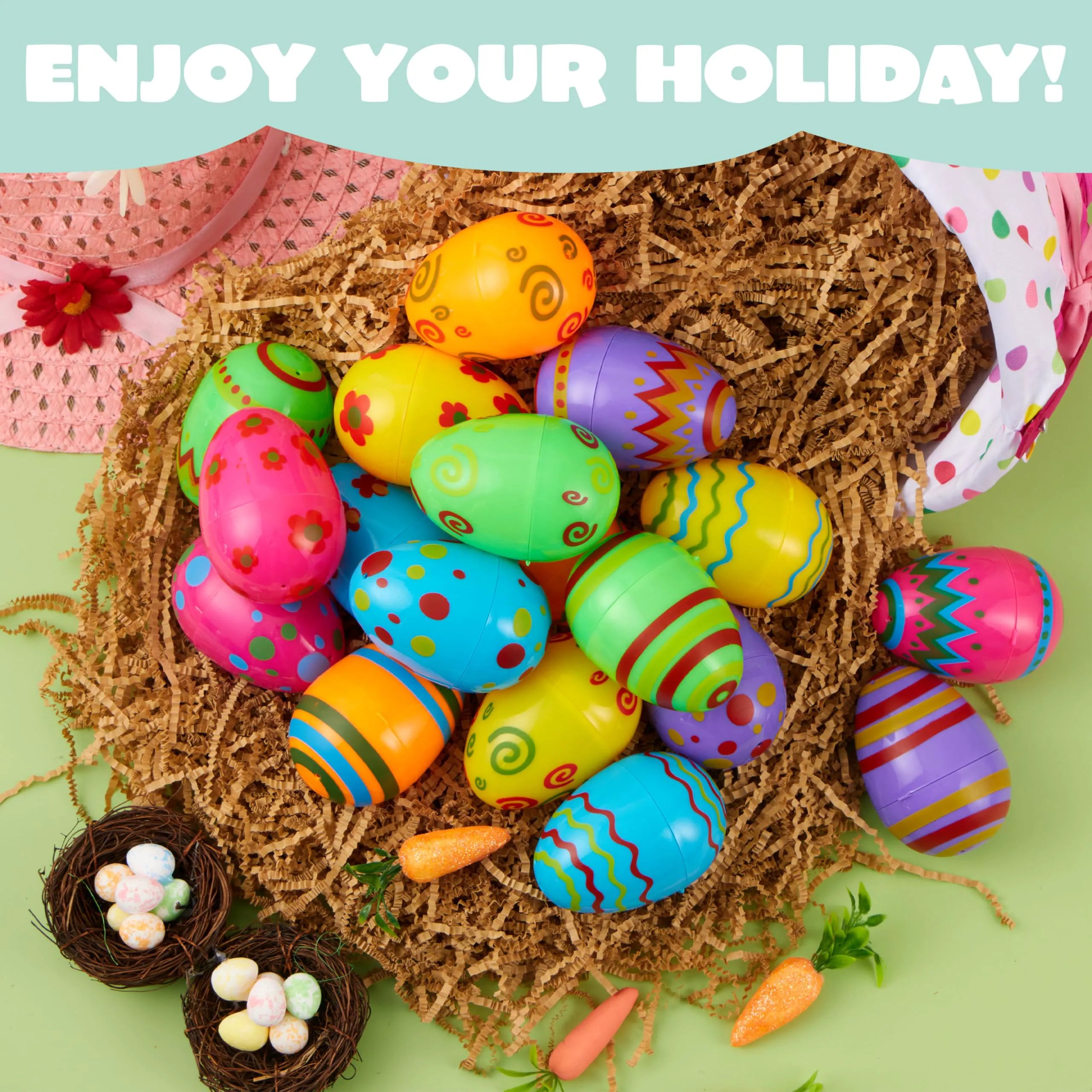 JOYIN 100 Pcs Plastic Printed Bright Easter Eggs 3.15" Fillable Empty Eggs for Easter Hunt