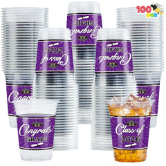 100 Pack 16oz Purple Disposable PET Cups - Class of 2026 Graduation Party Supplies