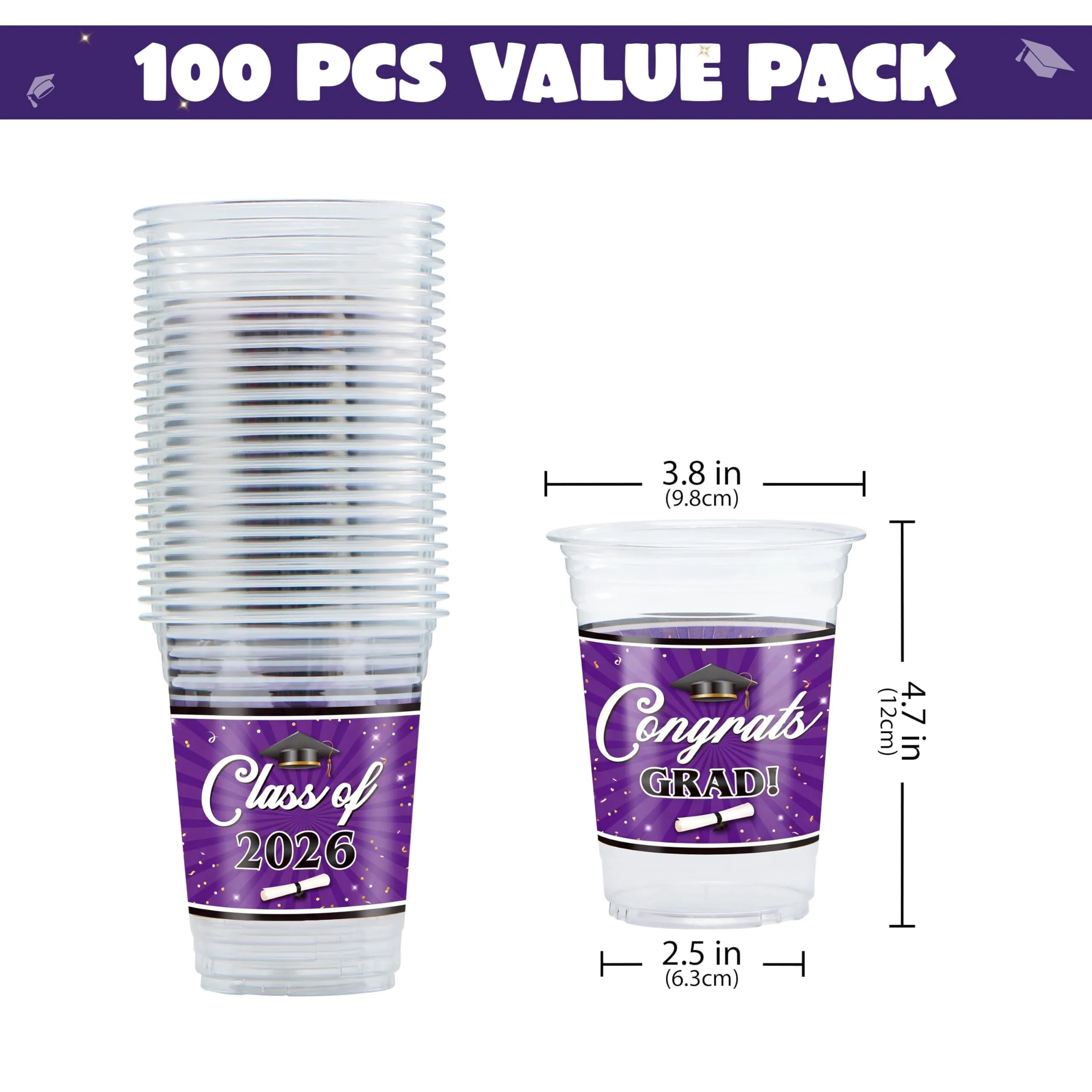 100 Pack 16oz Purple Disposable PET Cups - Class of 2026 Graduation Party Supplies