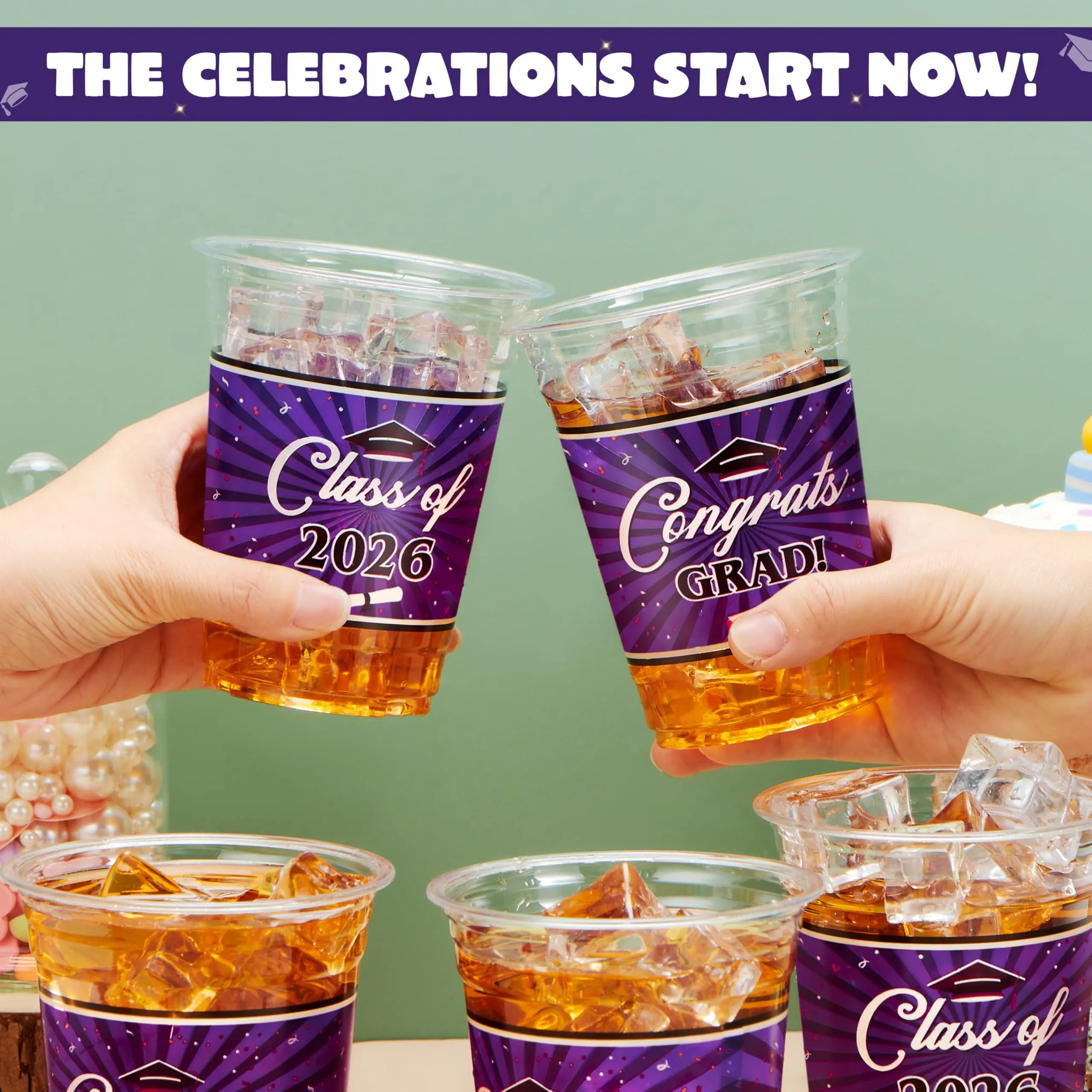 100 Pack 16oz Purple Disposable PET Cups - Class of 2026 Graduation Party Supplies