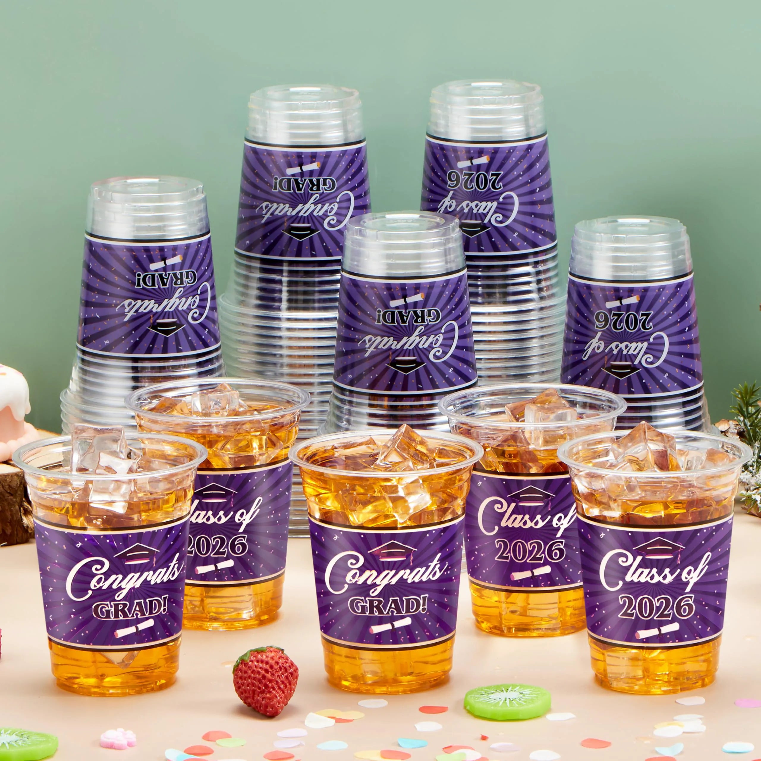 100 Pack 16oz Purple Disposable PET Cups - Class of 2026 Graduation Party Supplies