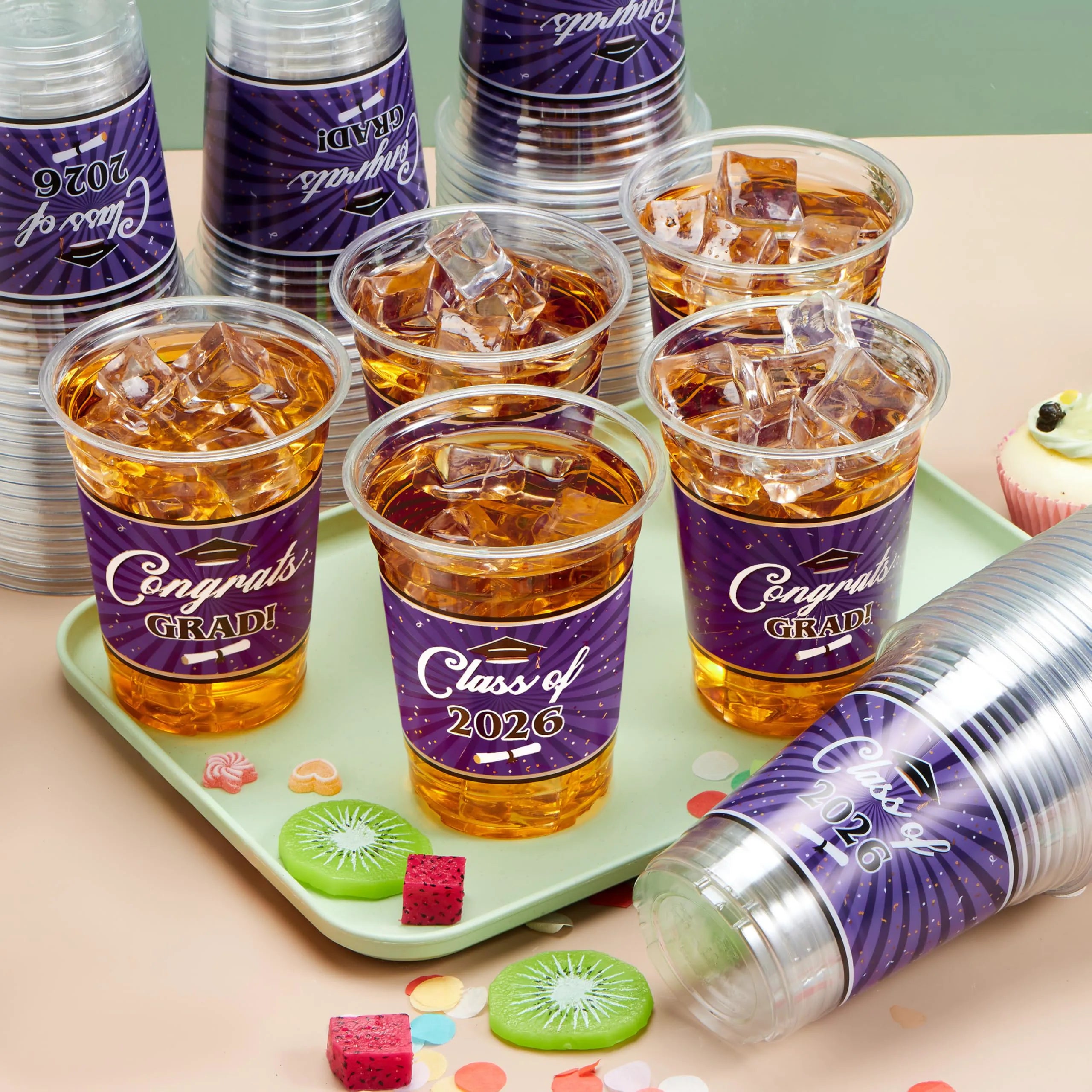 100 Pack 16oz Purple Disposable PET Cups - Class of 2026 Graduation Party Supplies