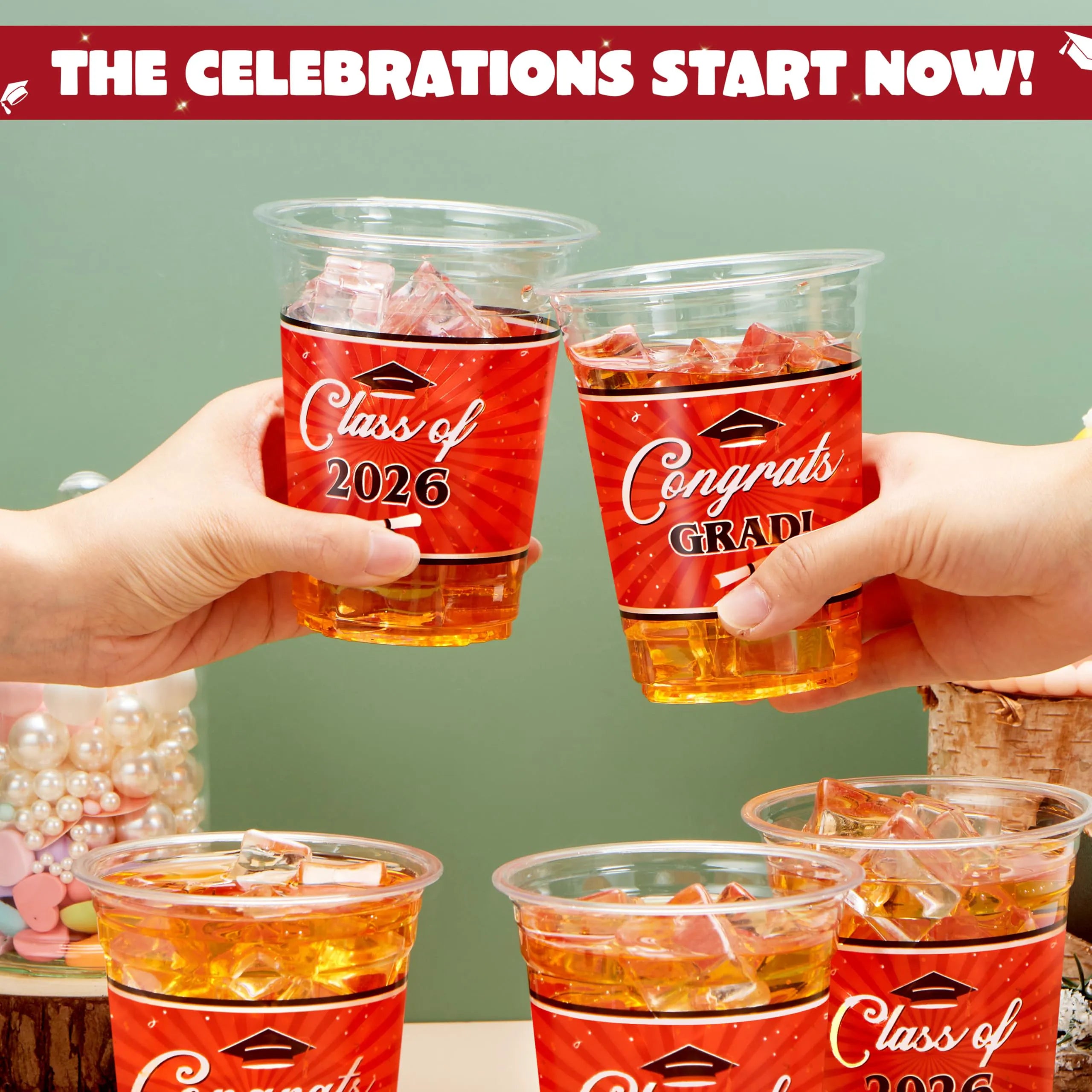 100Pcs 16oz Red Disposable PET Graduation Cups Class of 2026 Party Supplies