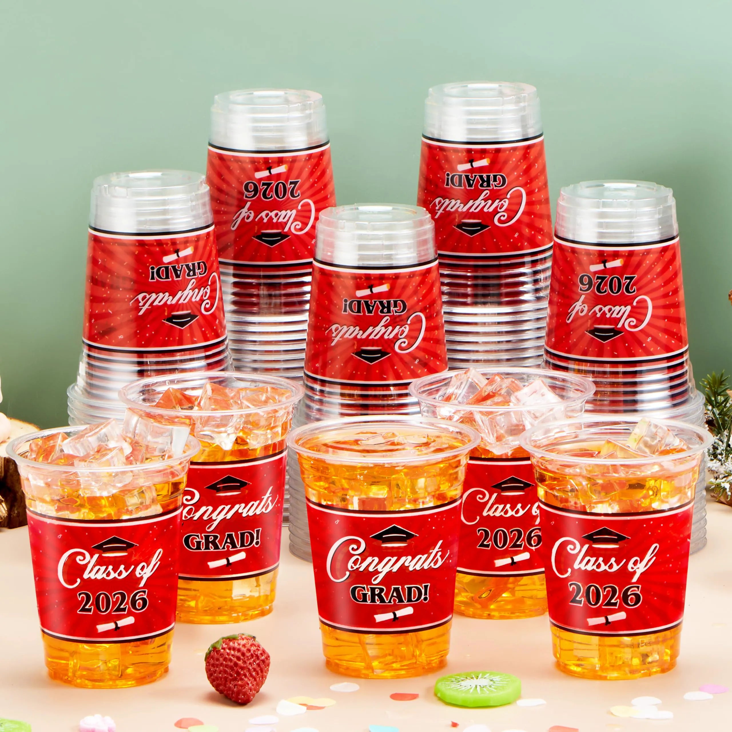 100Pcs 16oz Red Disposable PET Graduation Cups Class of 2026 Party Supplies