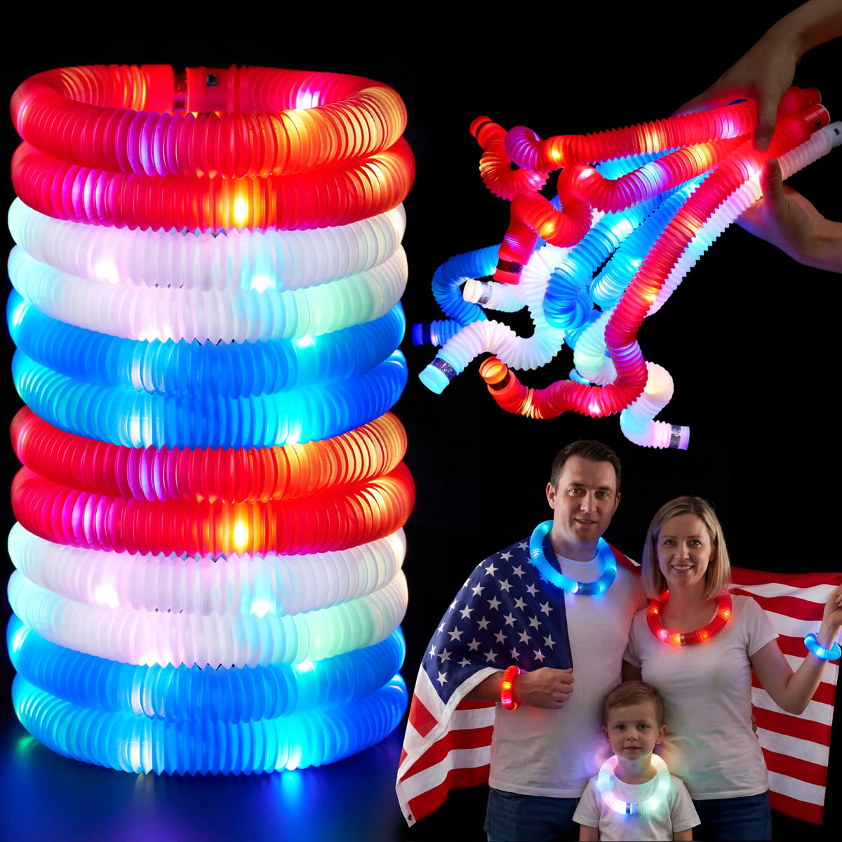 JOYIN 12-Piece 4th of July Patriotic Light-Up Pop Tubes and Glow Sticks Set