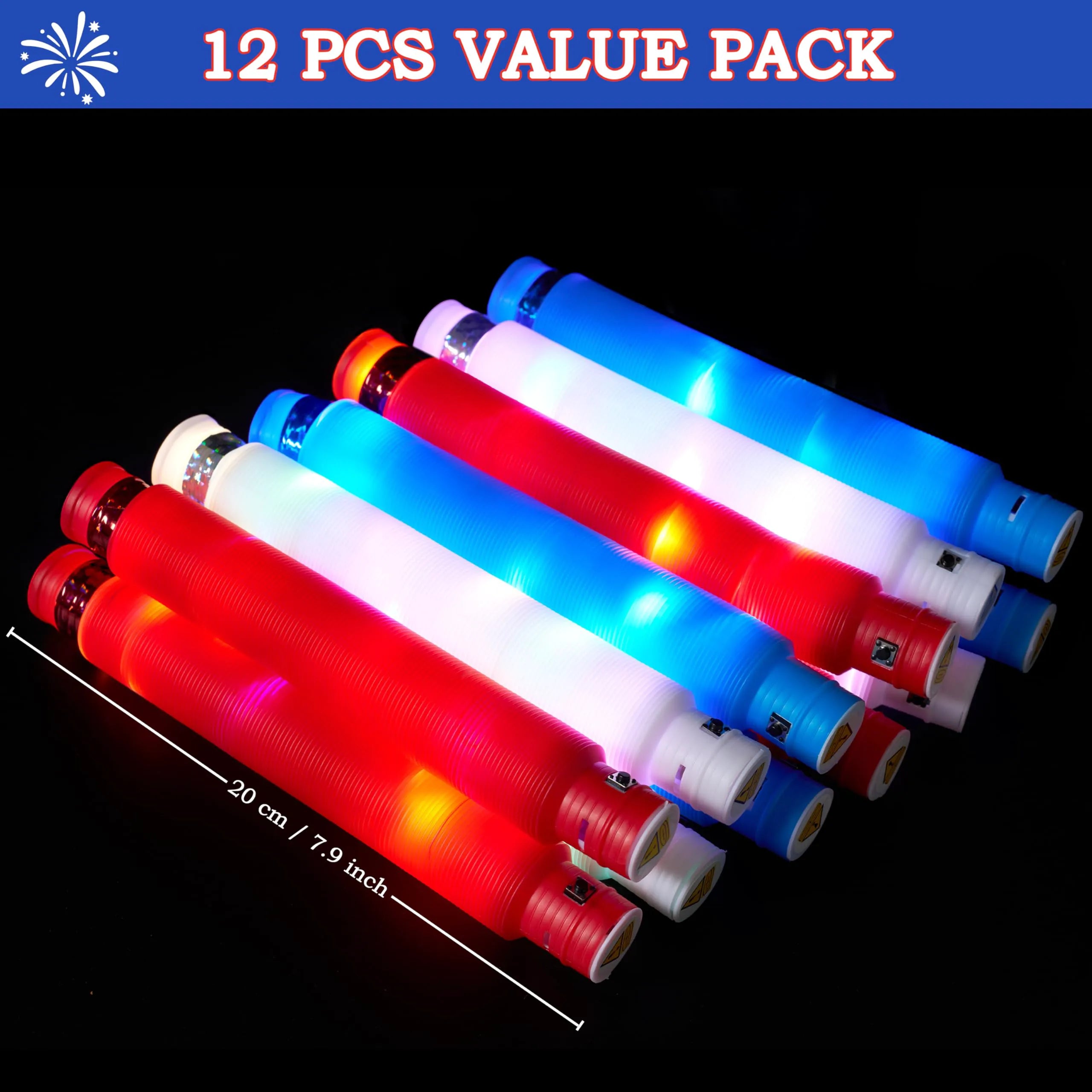 JOYIN 12-Piece 4th of July Patriotic Light-Up Pop Tubes and Glow Sticks Set