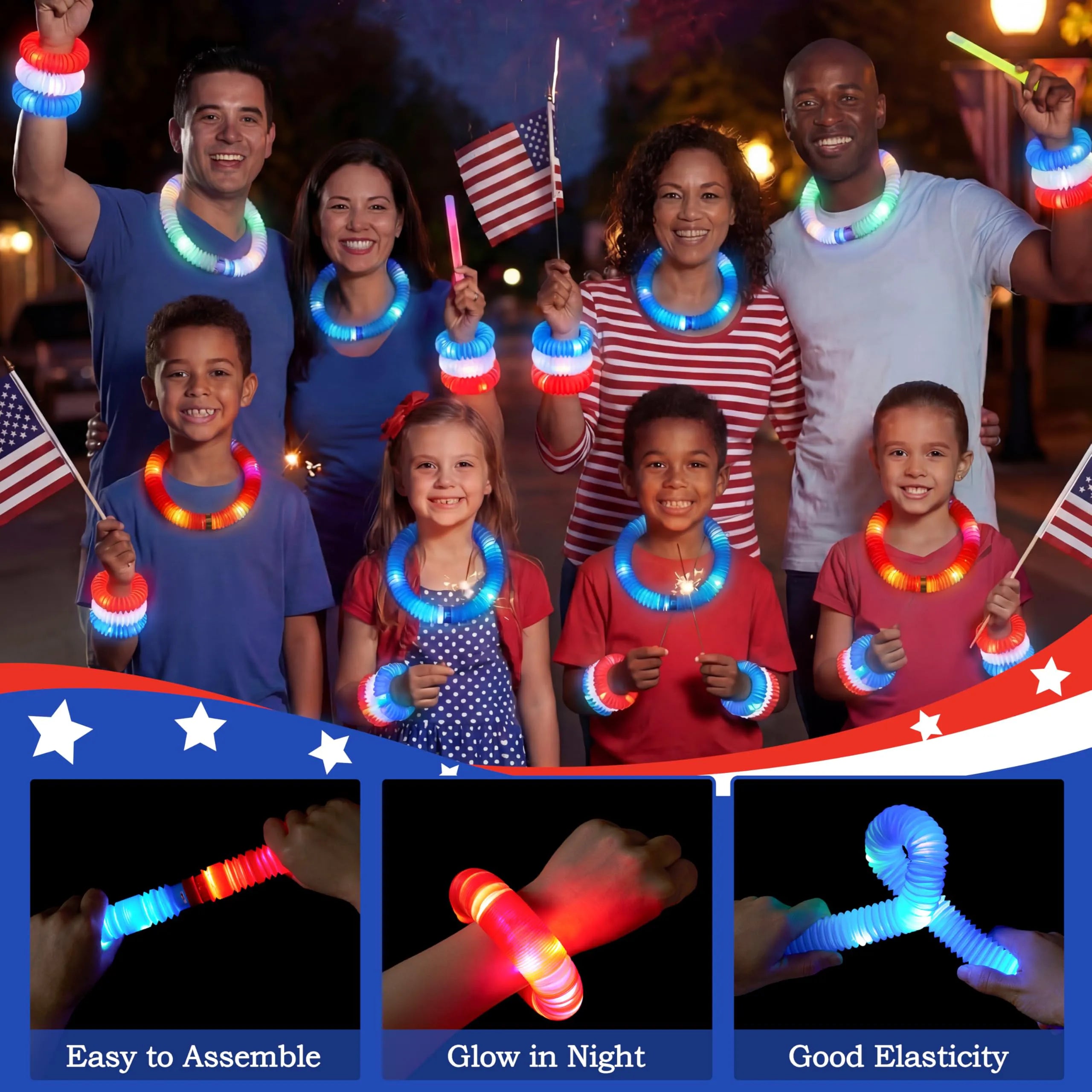 JOYIN 12-Piece 4th of July Patriotic Light-Up Pop Tubes and Glow Sticks Set