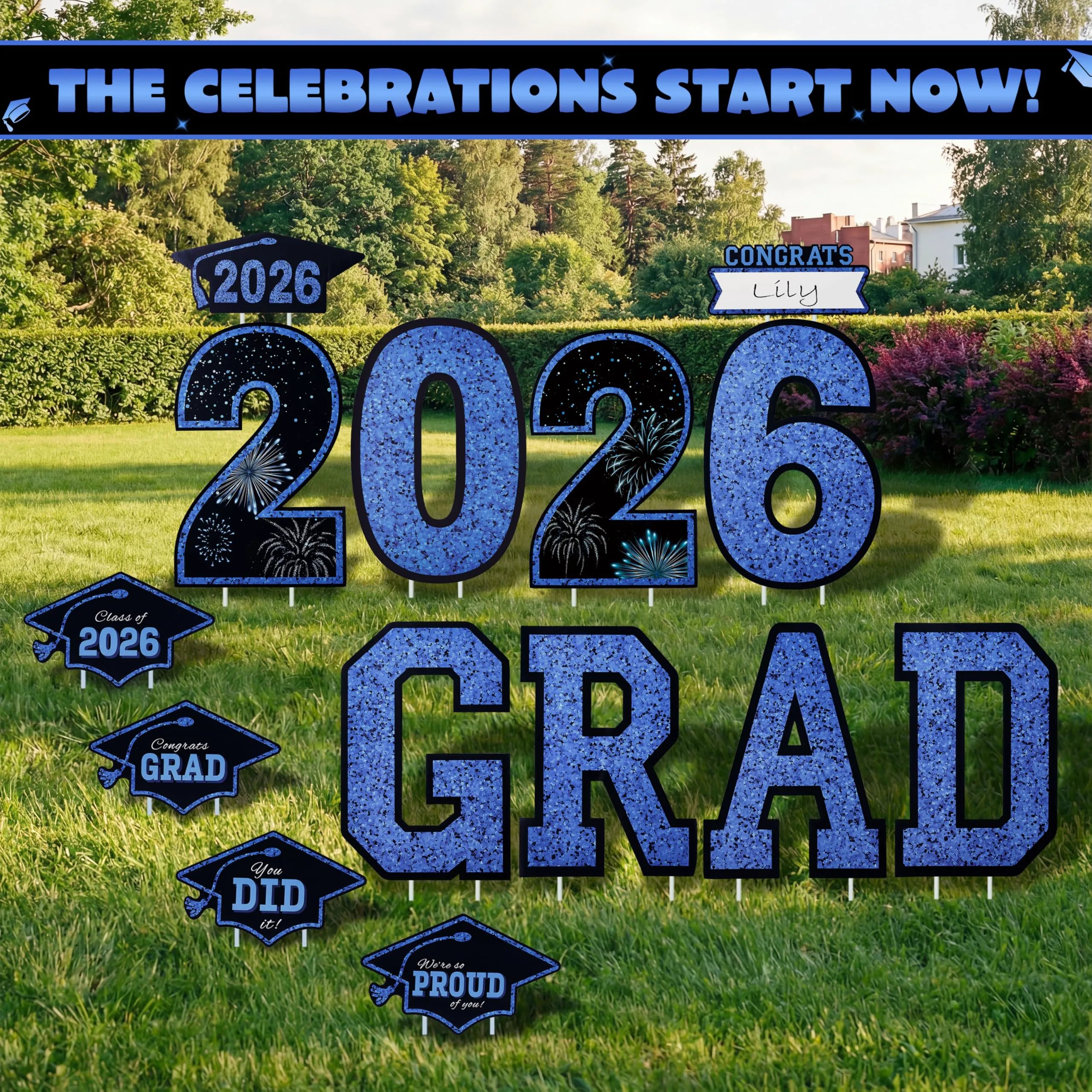 14Pcs Black & Blue Graduation Yard Signs with 28 Stakes Class of 2026 Grad Party Supplies