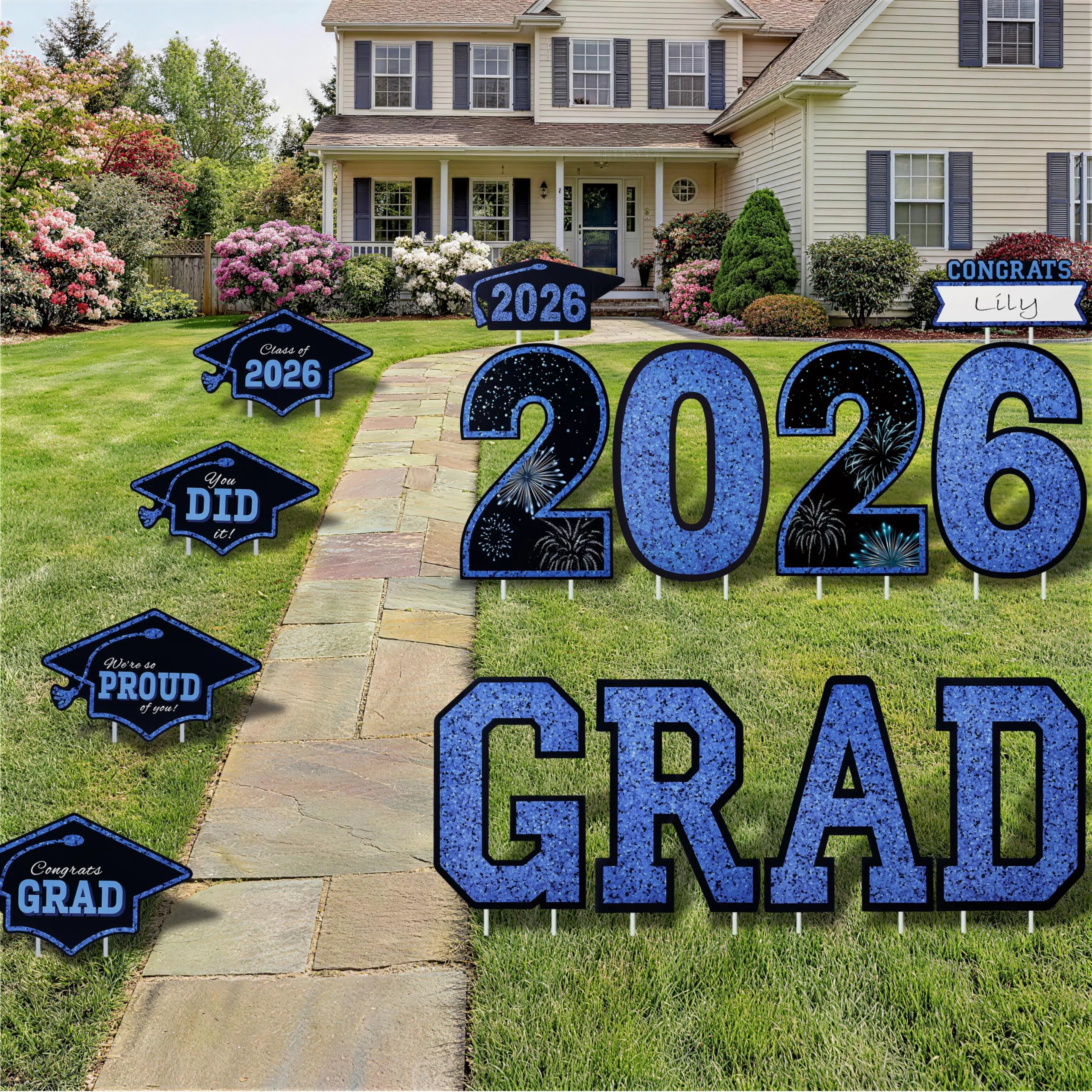 14Pcs Black & Blue Graduation Yard Signs with 28 Stakes Class of 2026 Grad Party Supplies