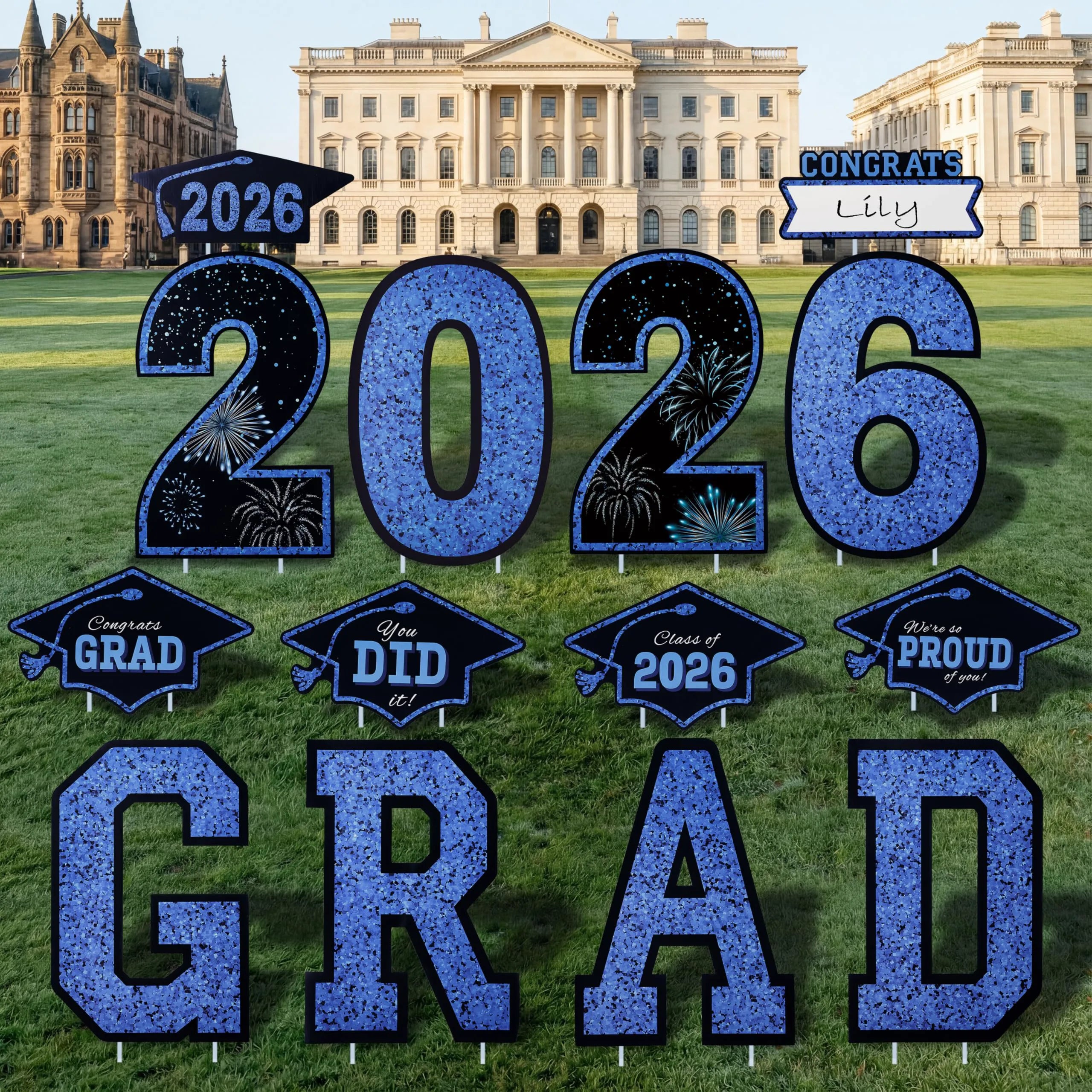 14Pcs Black & Blue Graduation Yard Signs with 28 Stakes Class of 2026 Grad Party Supplies