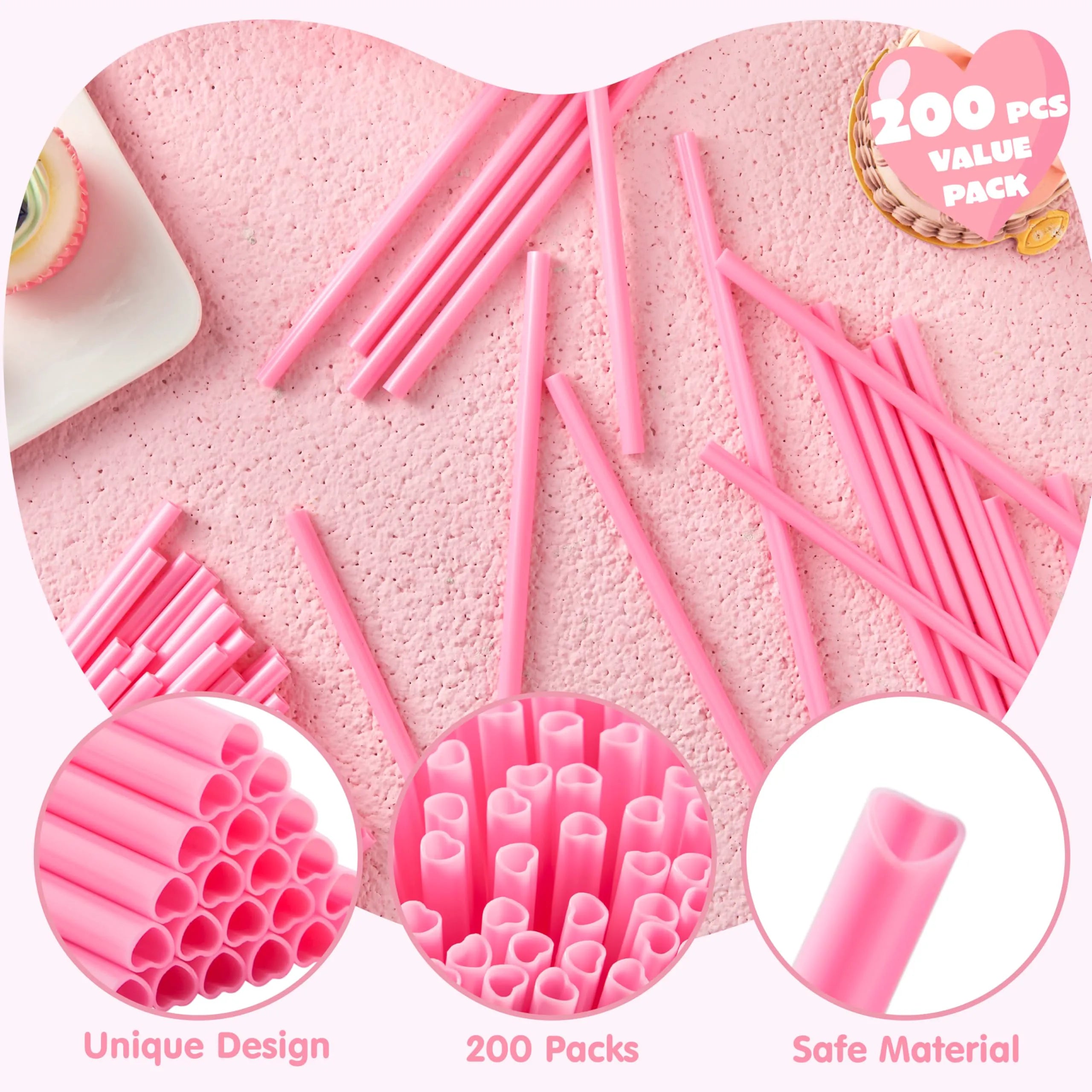JOYIN 200-Pack Valentine Heart-Shaped Pink Straws