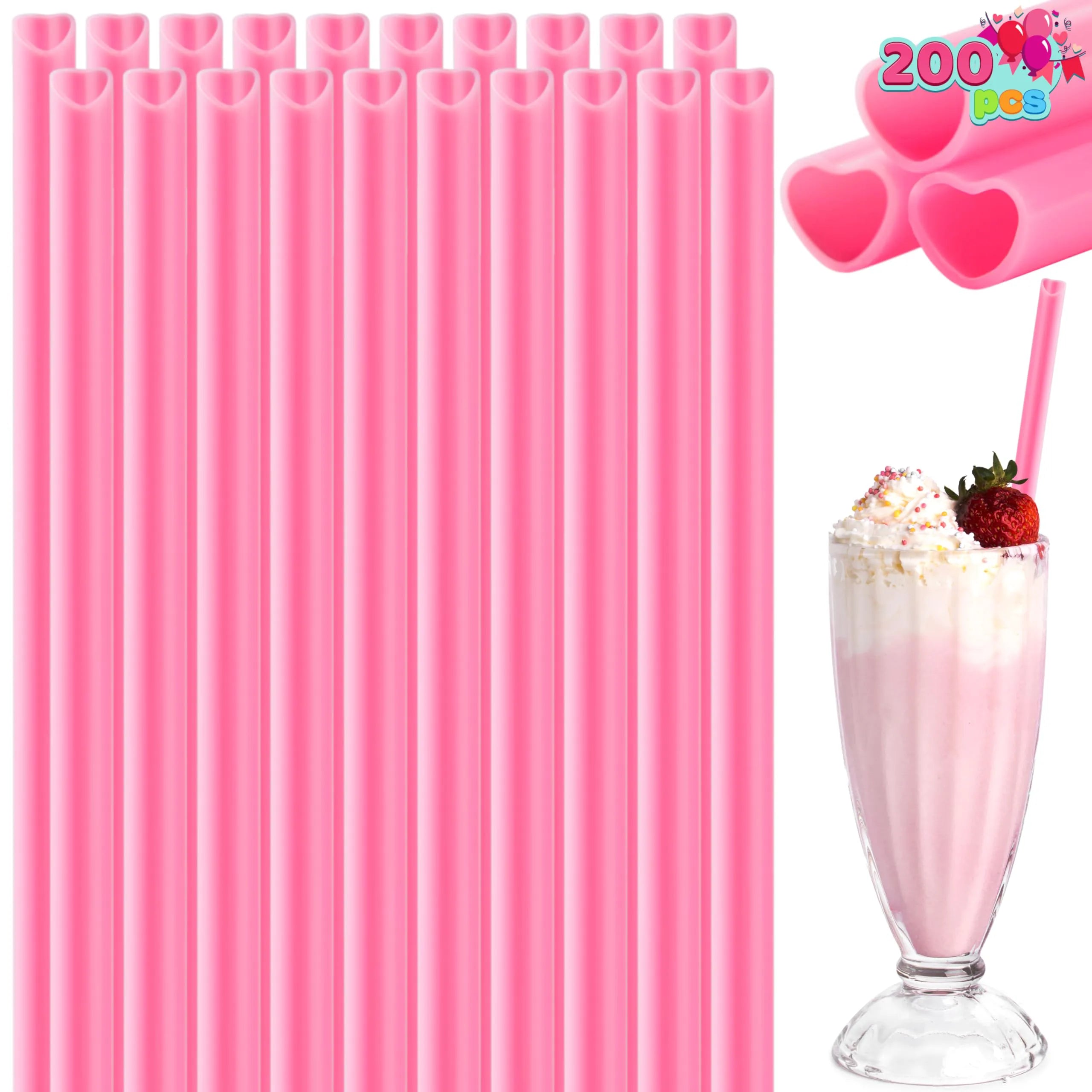 JOYIN 200-Pack Valentine Heart-Shaped Pink Straws