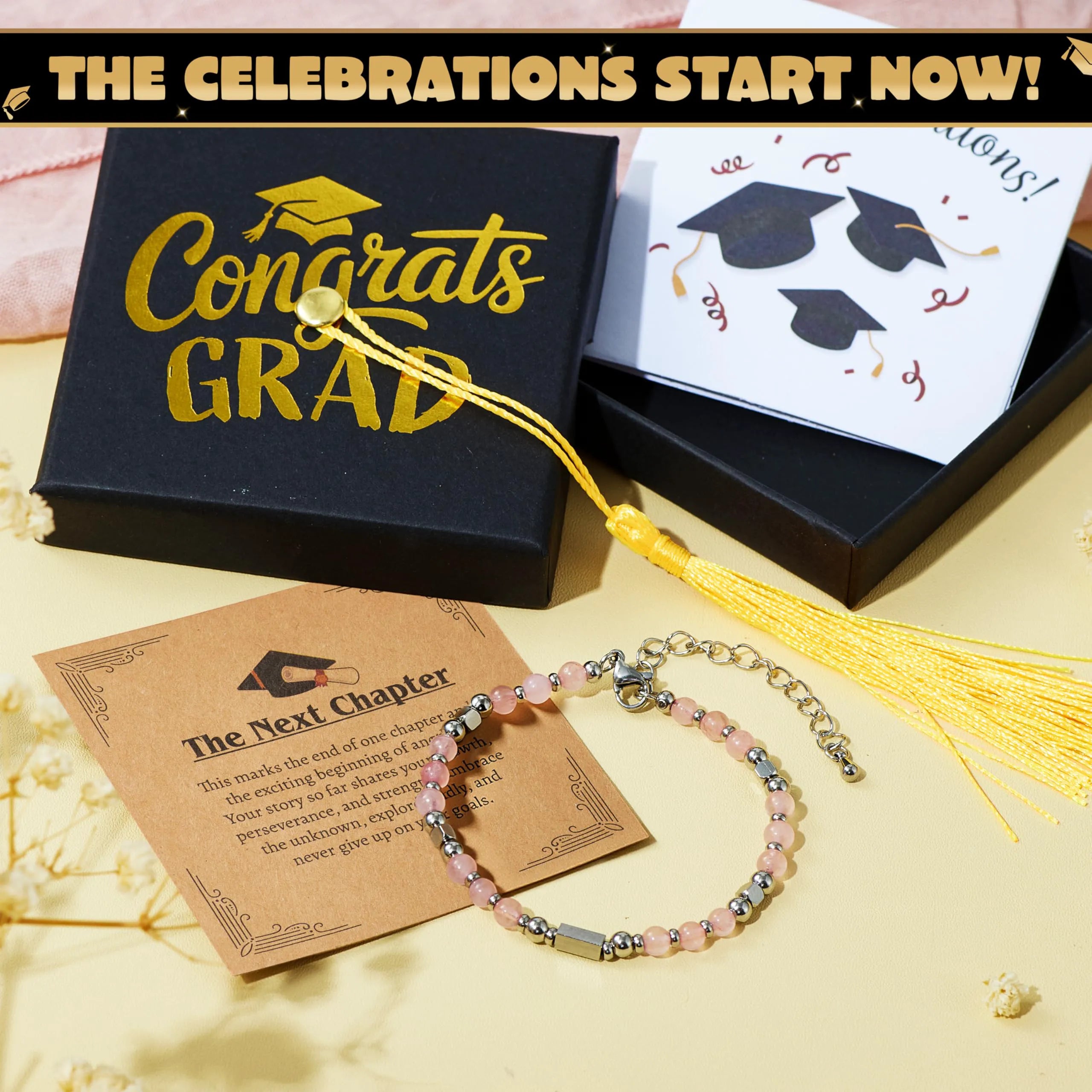 2026 Pink Graduation Bracelet with Greeting Card and Gift Box for Women