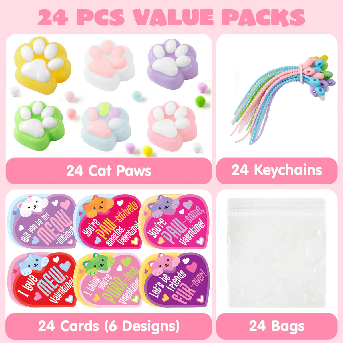 JOYIN 24 PCS Valentine's Day 2" Cat Paw Fidget Toys (6 Colors) with Cards