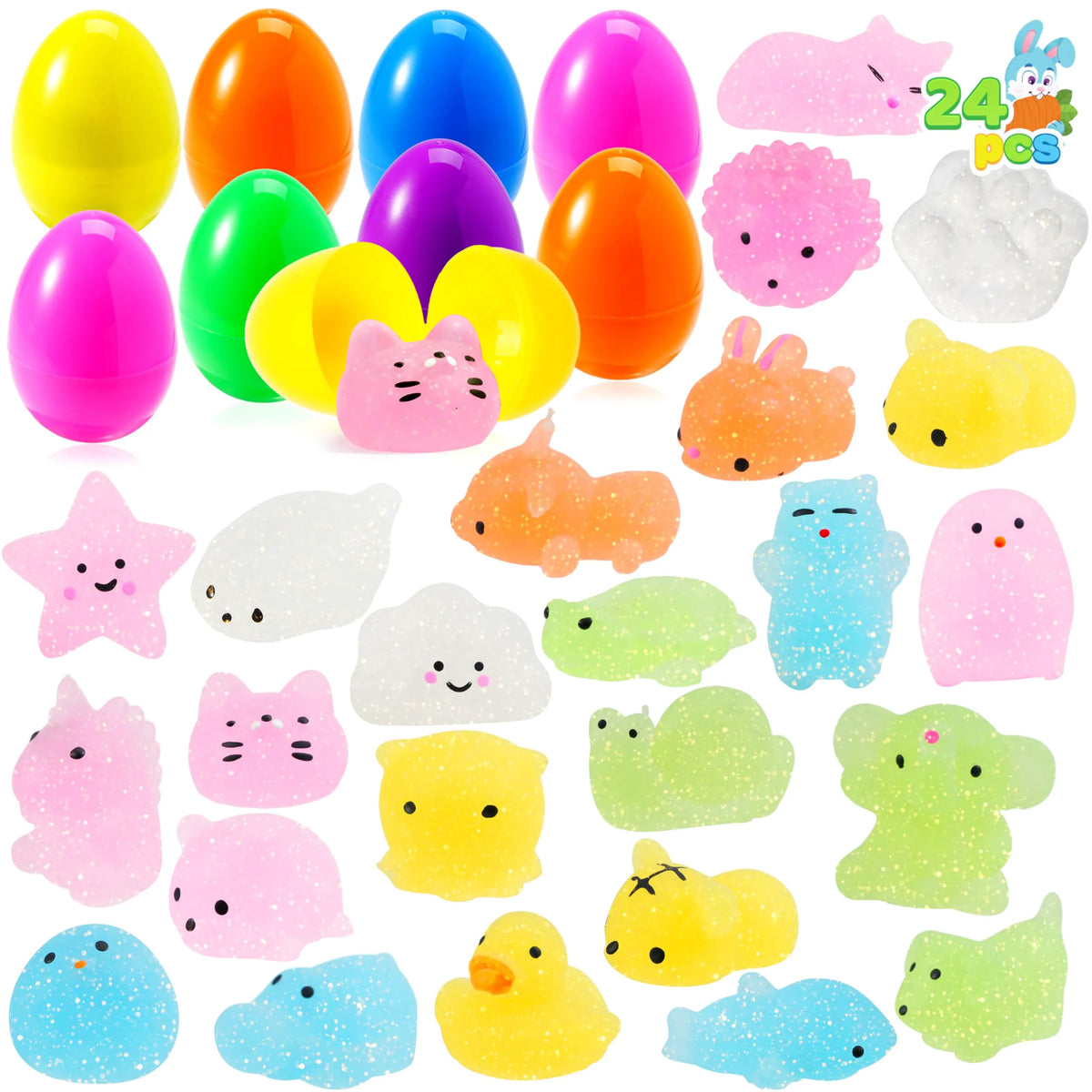 JOYIN 24 Pcs Easter Prefilled Eggs with Mochi Squishy Toys
