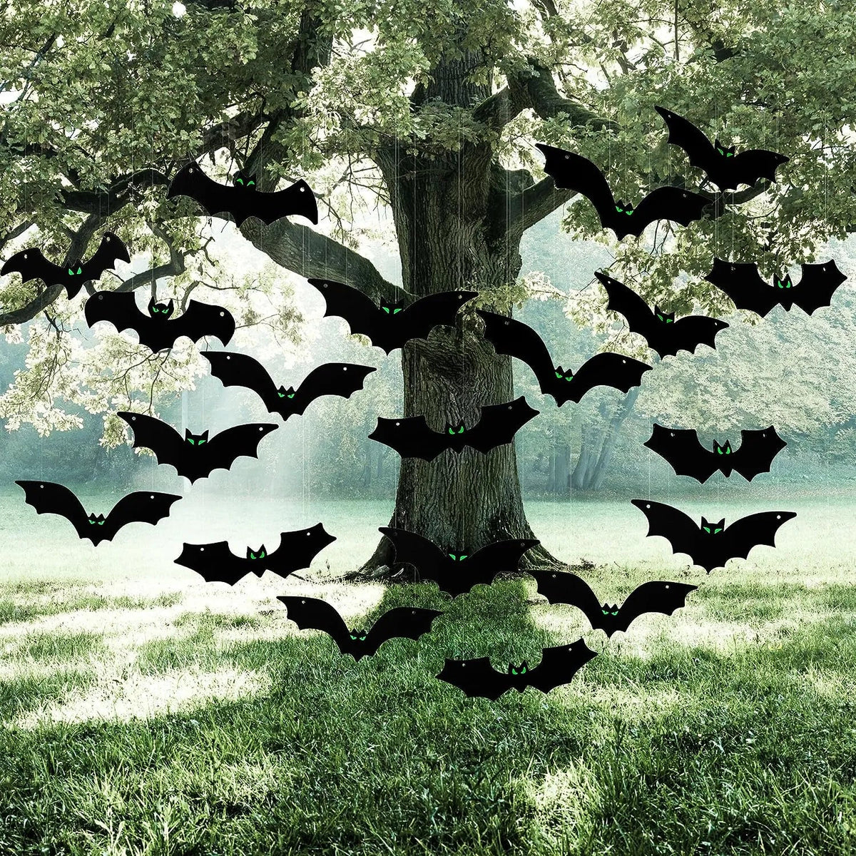JOYIN 24-Pack Halloween Hanging Bats with Glow-in-the-Dark Eyes