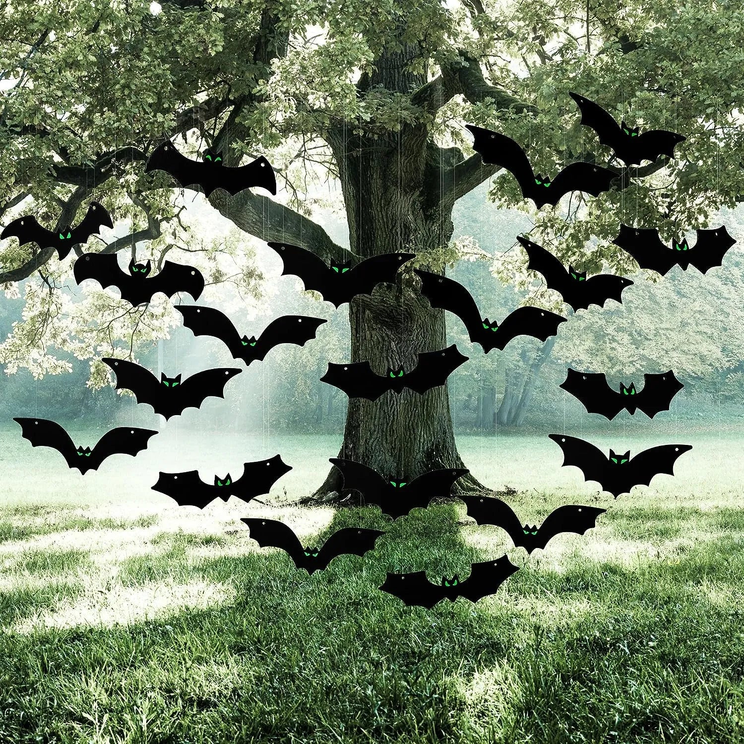 JOYIN 24-Pack Halloween Hanging Bats with Glow-in-the-Dark Eyes