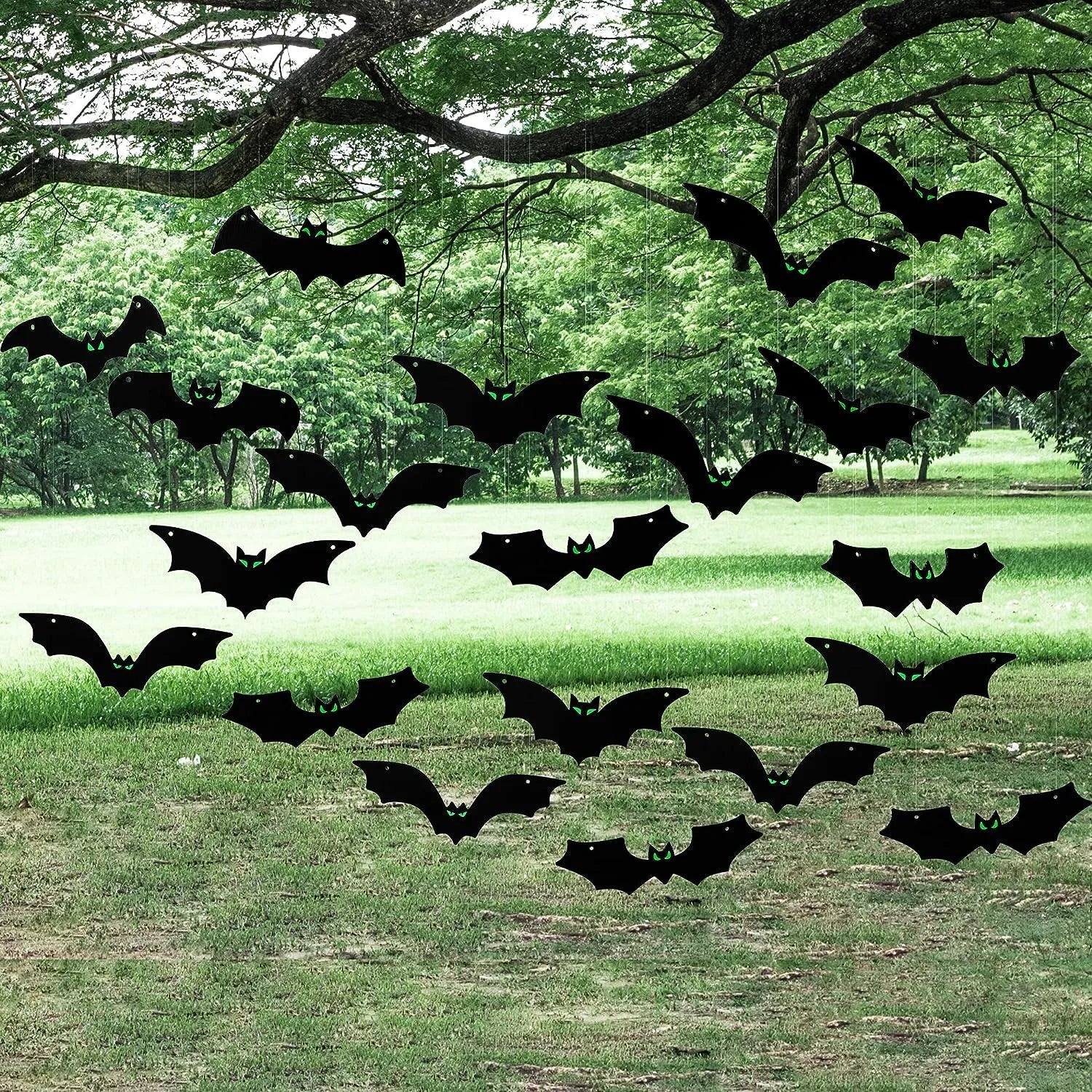 JOYIN 24-Pack Halloween Hanging Bats with Glow-in-the-Dark Eyes