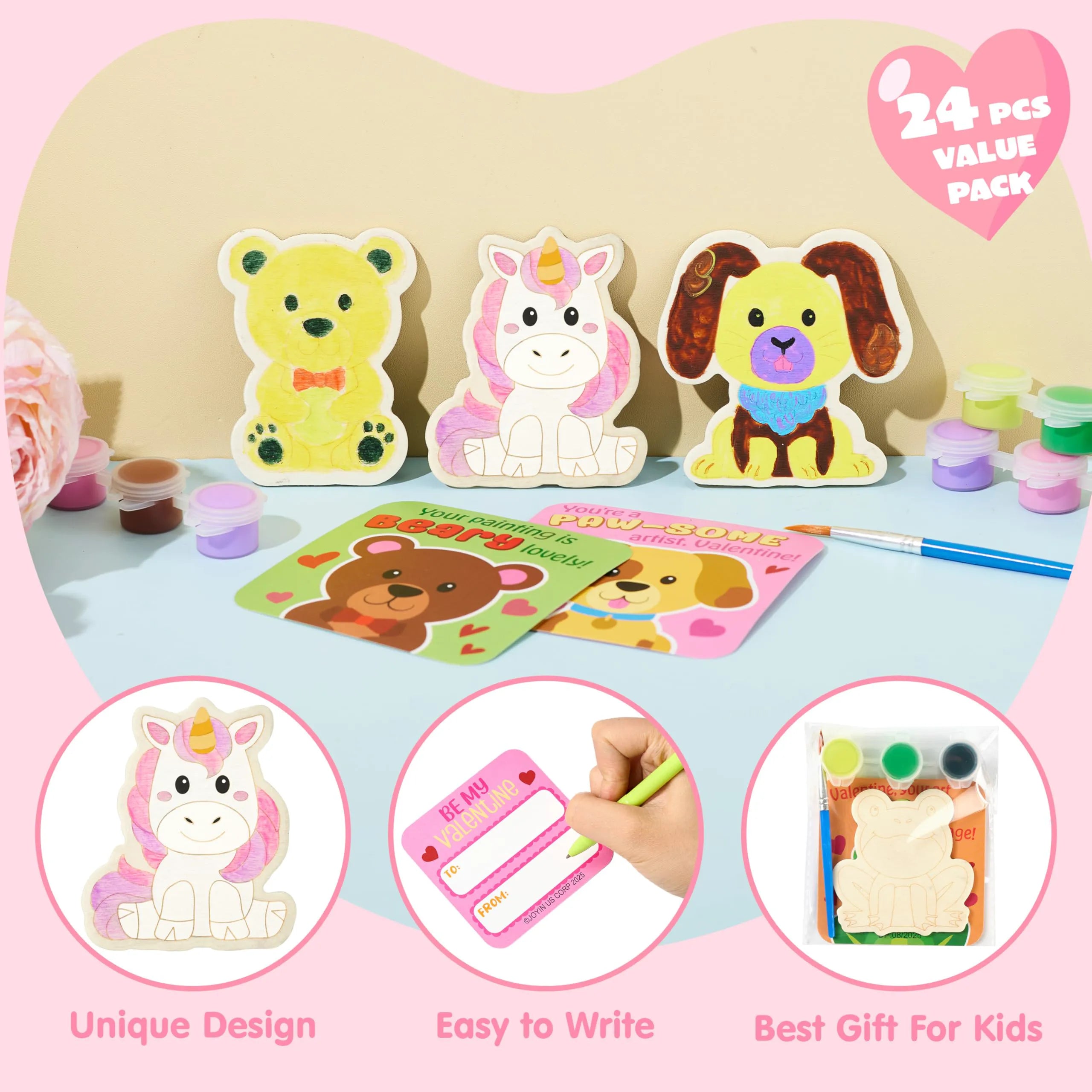 JOYIN 24 Pcs Valentines Day 2.95" Painting Animal Wooden Fridge Magnet Cards