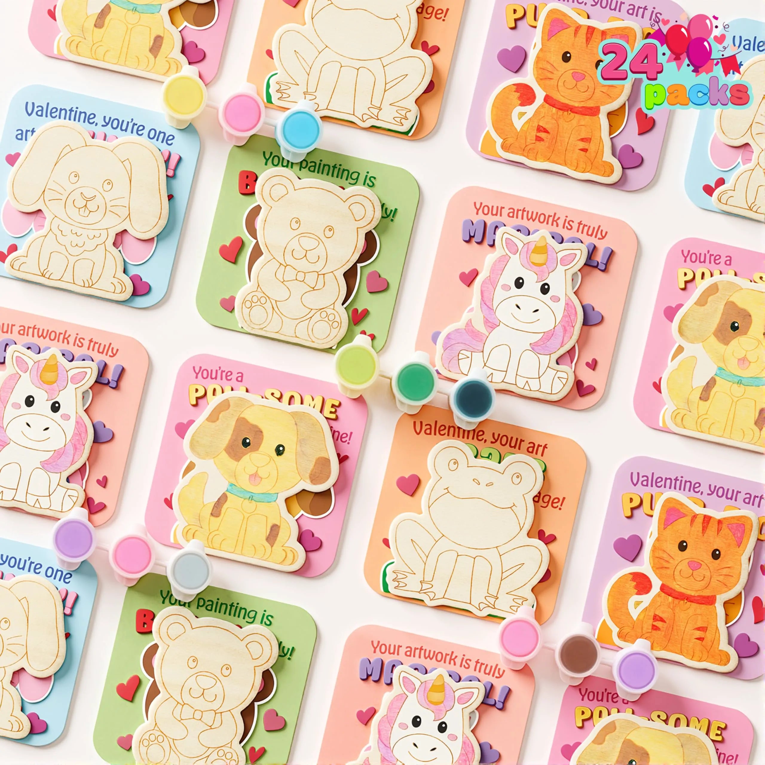 JOYIN 24 Pcs Valentines Day 2.95" Painting Animal Wooden Fridge Magnet Cards