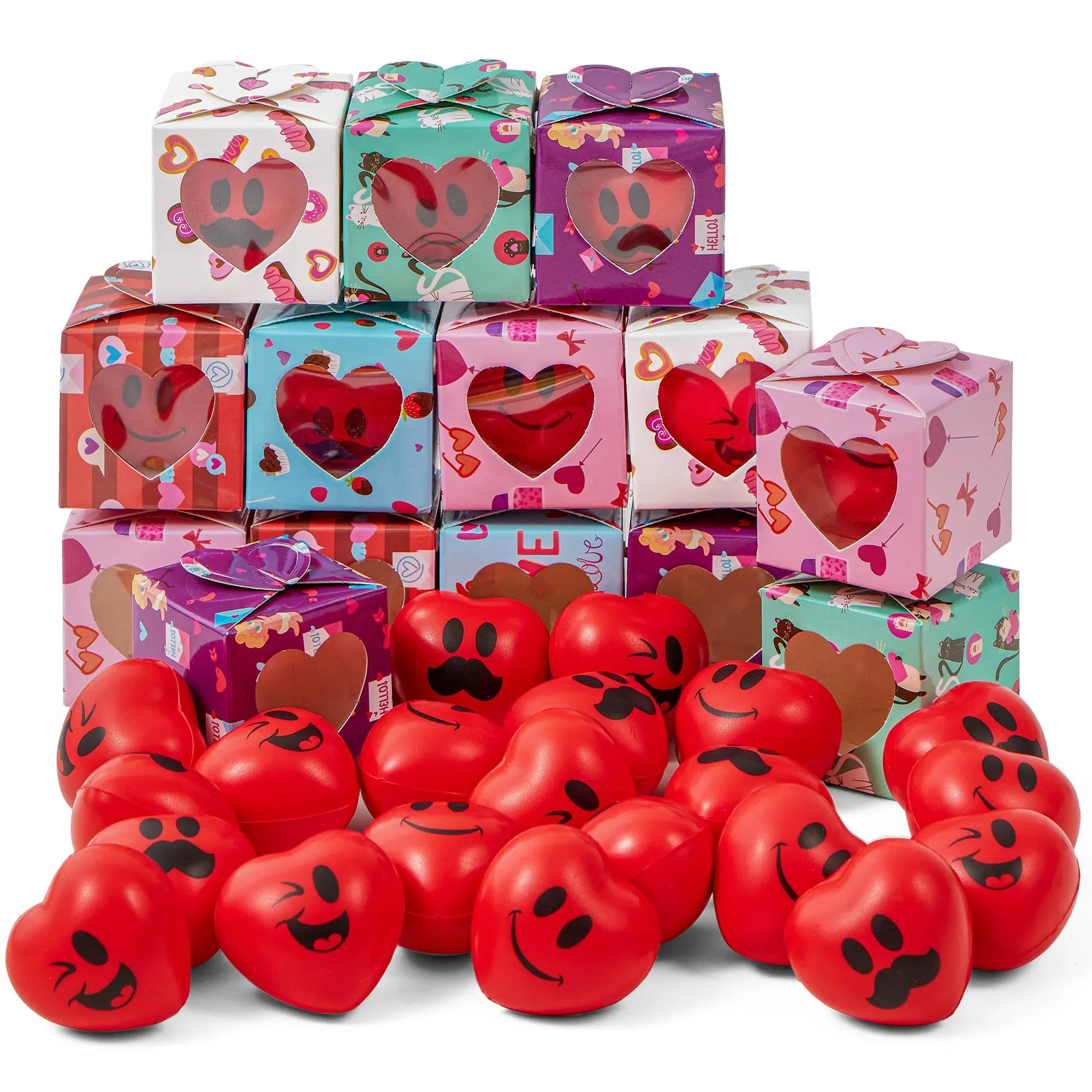JOYIN 28-Pack Valentine Heart Stress Balls - Smile Face Squishy Toys in Valentine Themed Gift Box