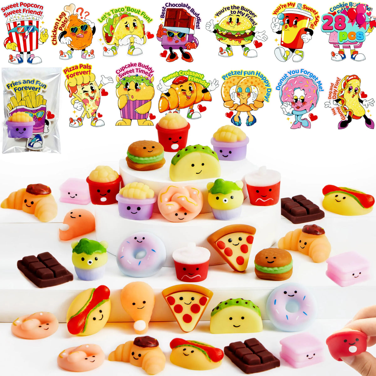 JOYIN 28 Pack Valentine's Day Cards with Kawaii Dessert Fidget Toys, 14 Designs