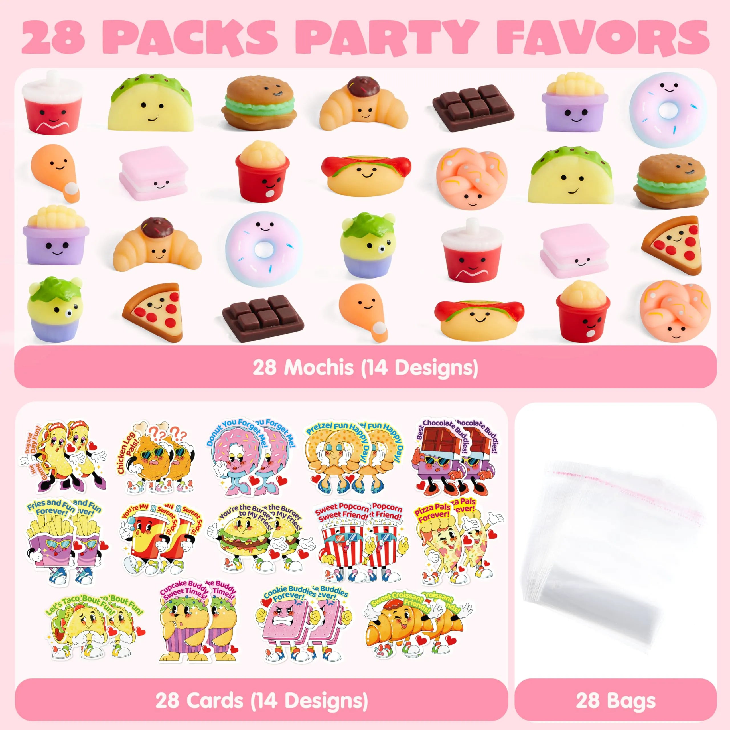 JOYIN 28 Pack Valentine's Day Cards with Kawaii Dessert Fidget Toys, 14 Designs