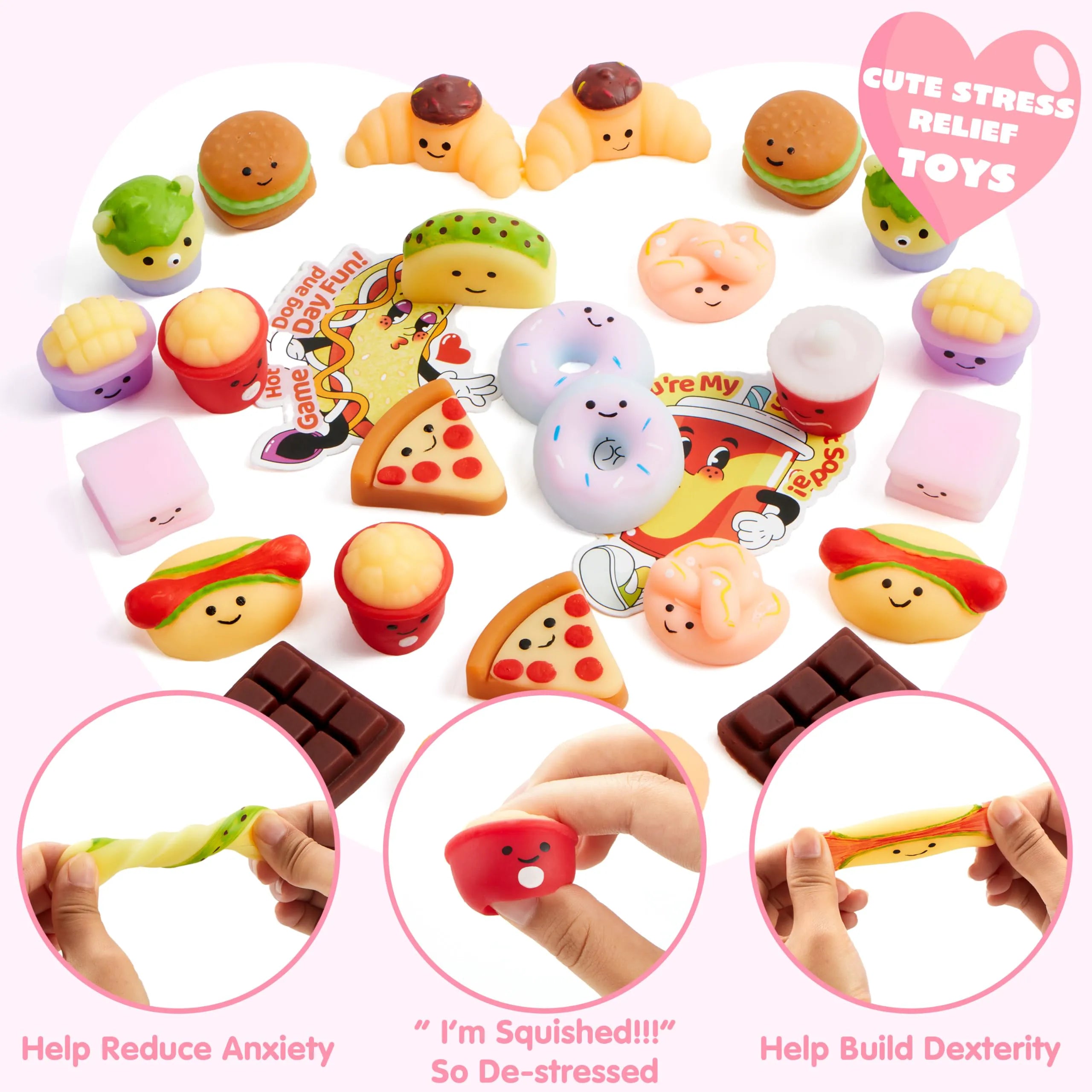 JOYIN 28 Pack Valentine's Day Cards with Kawaii Dessert Fidget Toys, 14 Designs