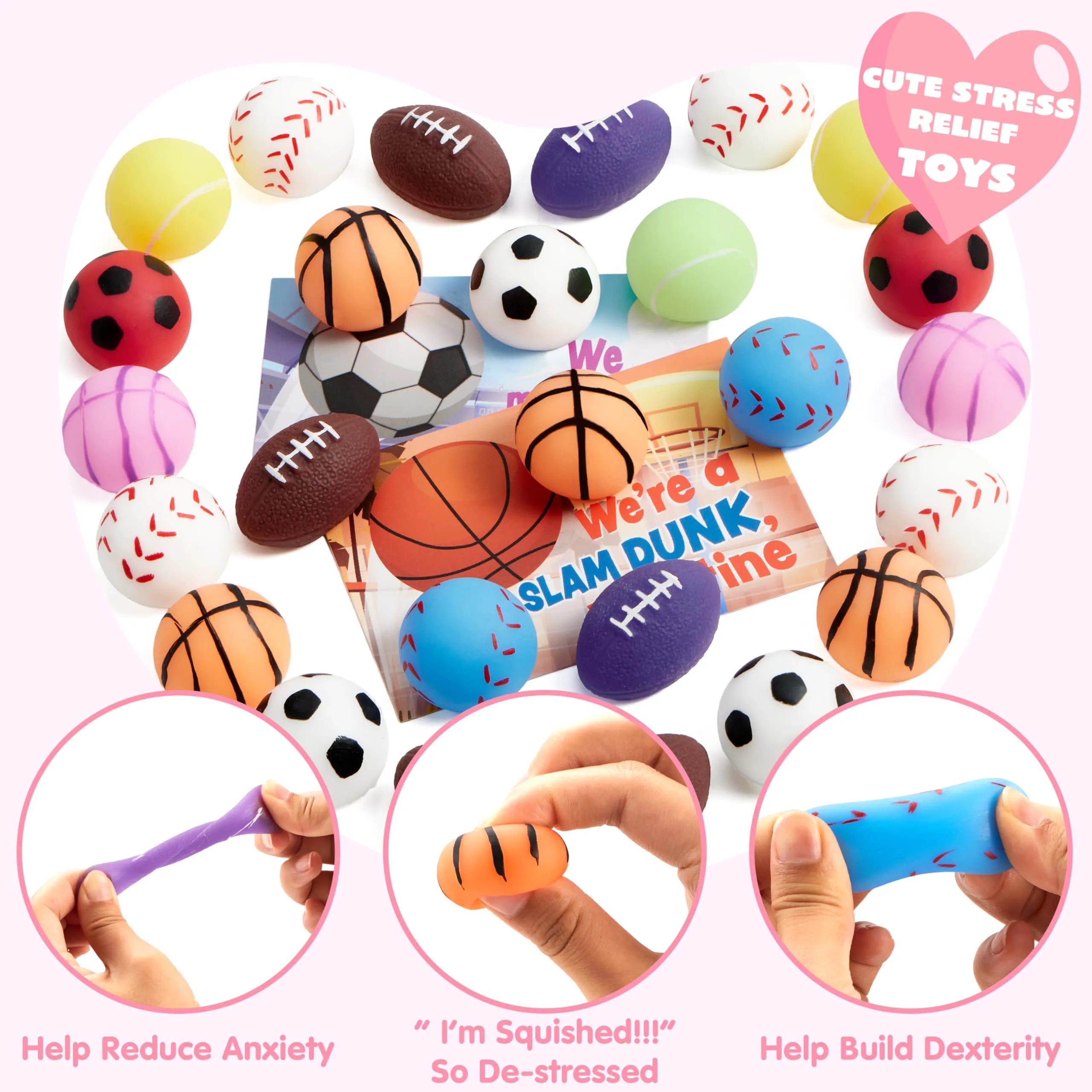 JOYIN 28-Pack Valentine's Day Kawaii Sports Ball Mochi Stress Relief Fidget Toys for Kids