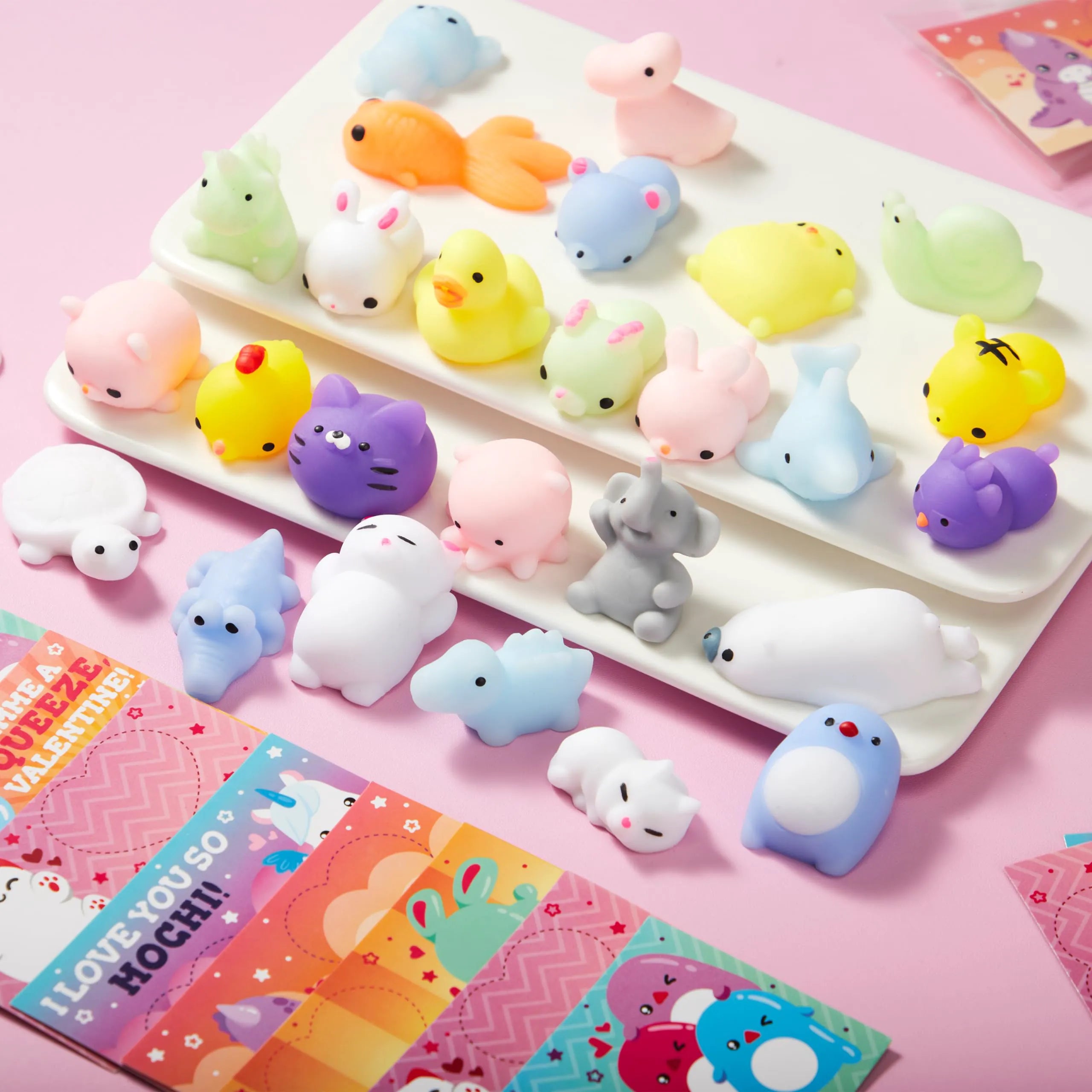 JOYIN 28 Packs Valentines Day Mochi Squishy Toy Stress Relief Gift Cards for Kids