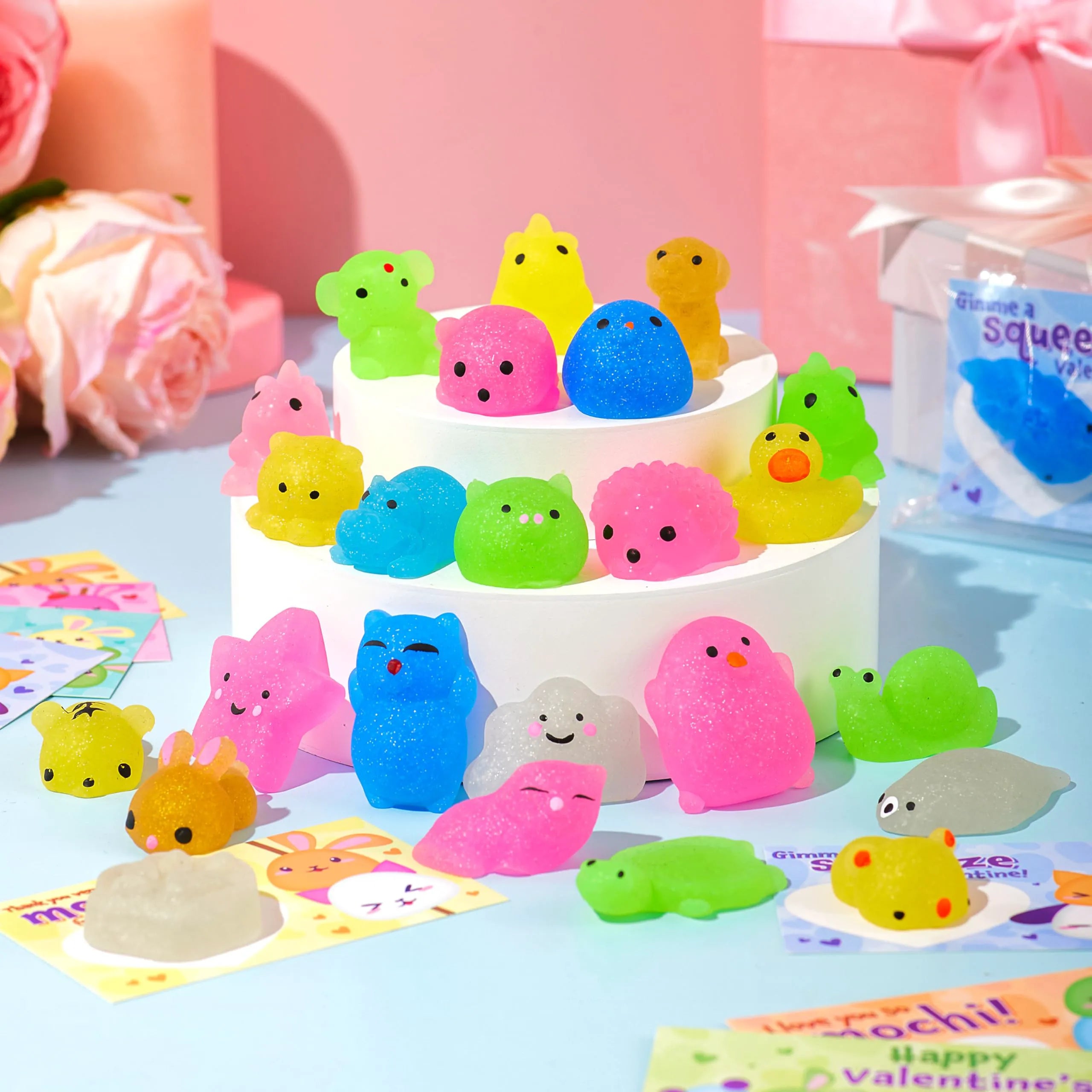 JOYIN 28-Pack Valentine's Day Cute Mochi Squishy Toys with Cards for Kids