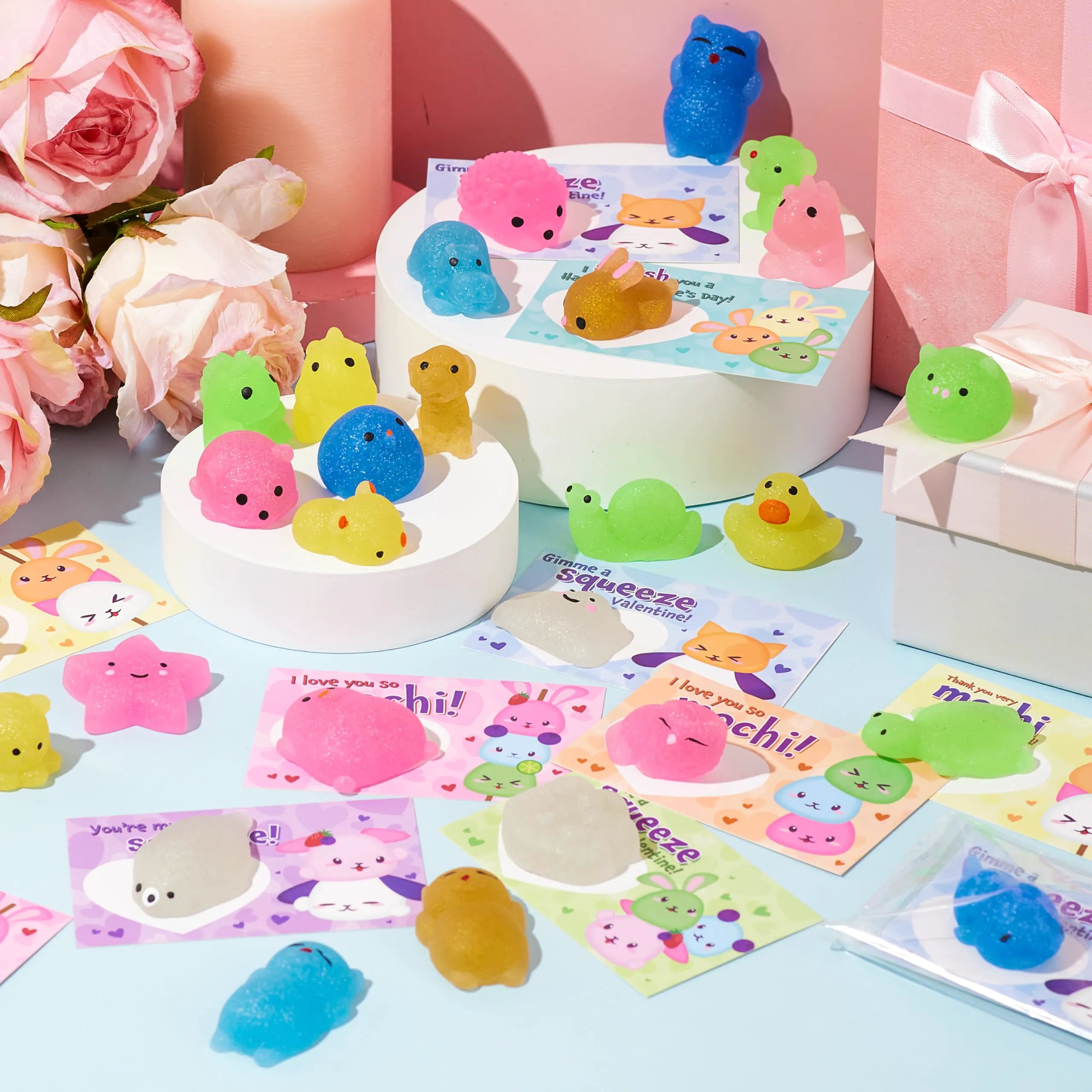 JOYIN 28-Pack Valentine's Day Cute Mochi Squishy Toys with Cards for Kids