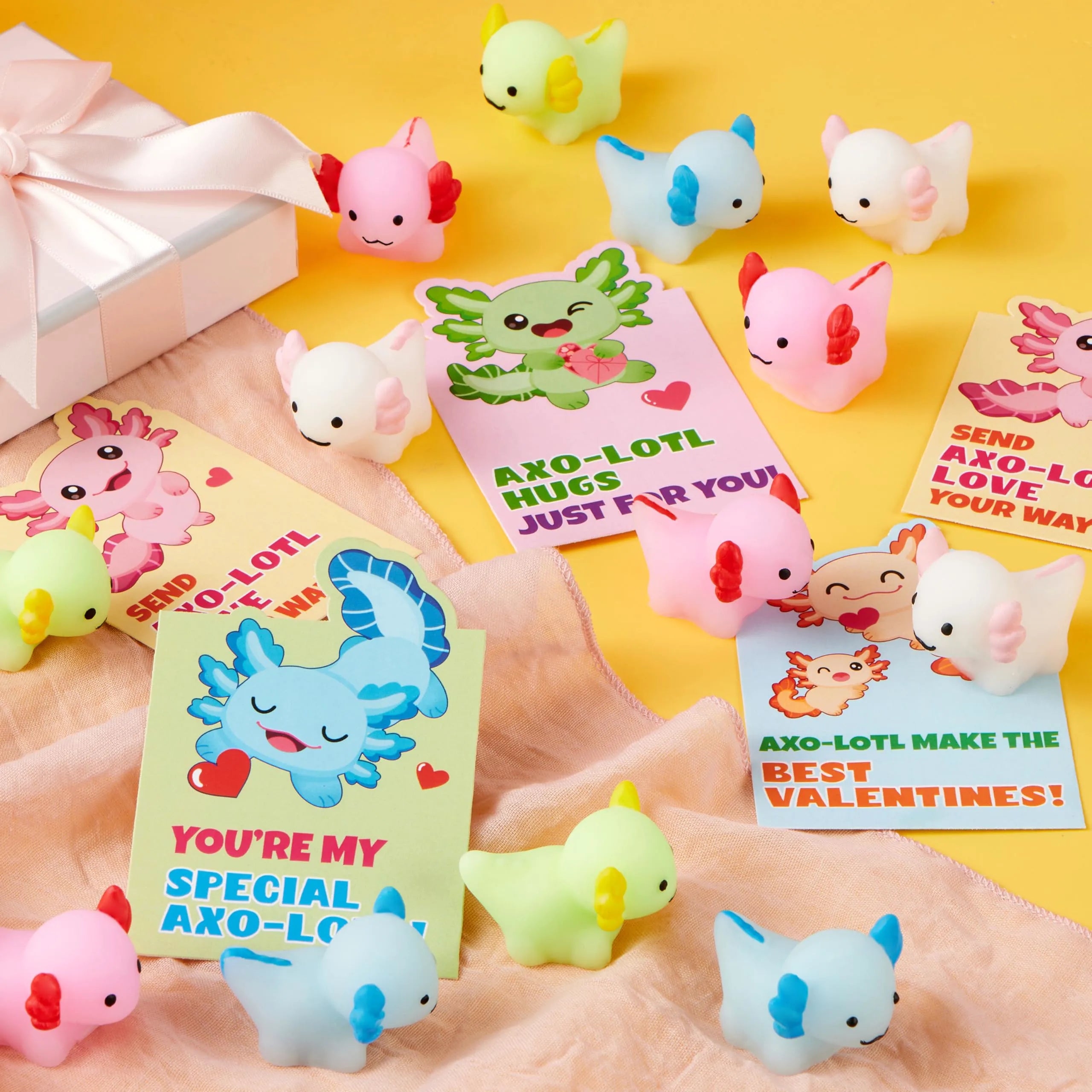 JOIN 28-Pack Valentine's Day Axolotl Mochi Squishy Toys with Funny Cards for Kids