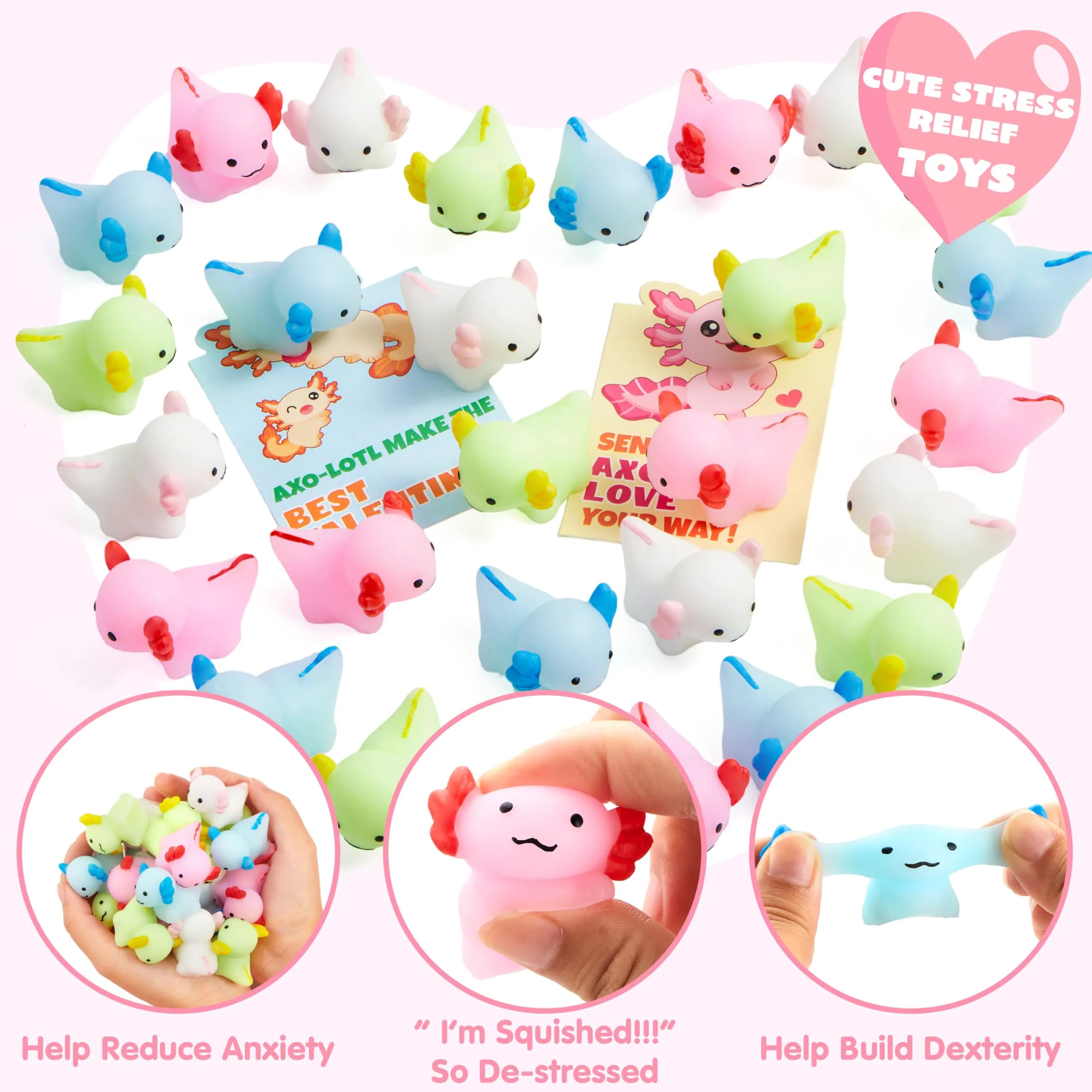 JOIN 28-Pack Valentine's Day Axolotl Mochi Squishy Toys with Funny Cards for Kids