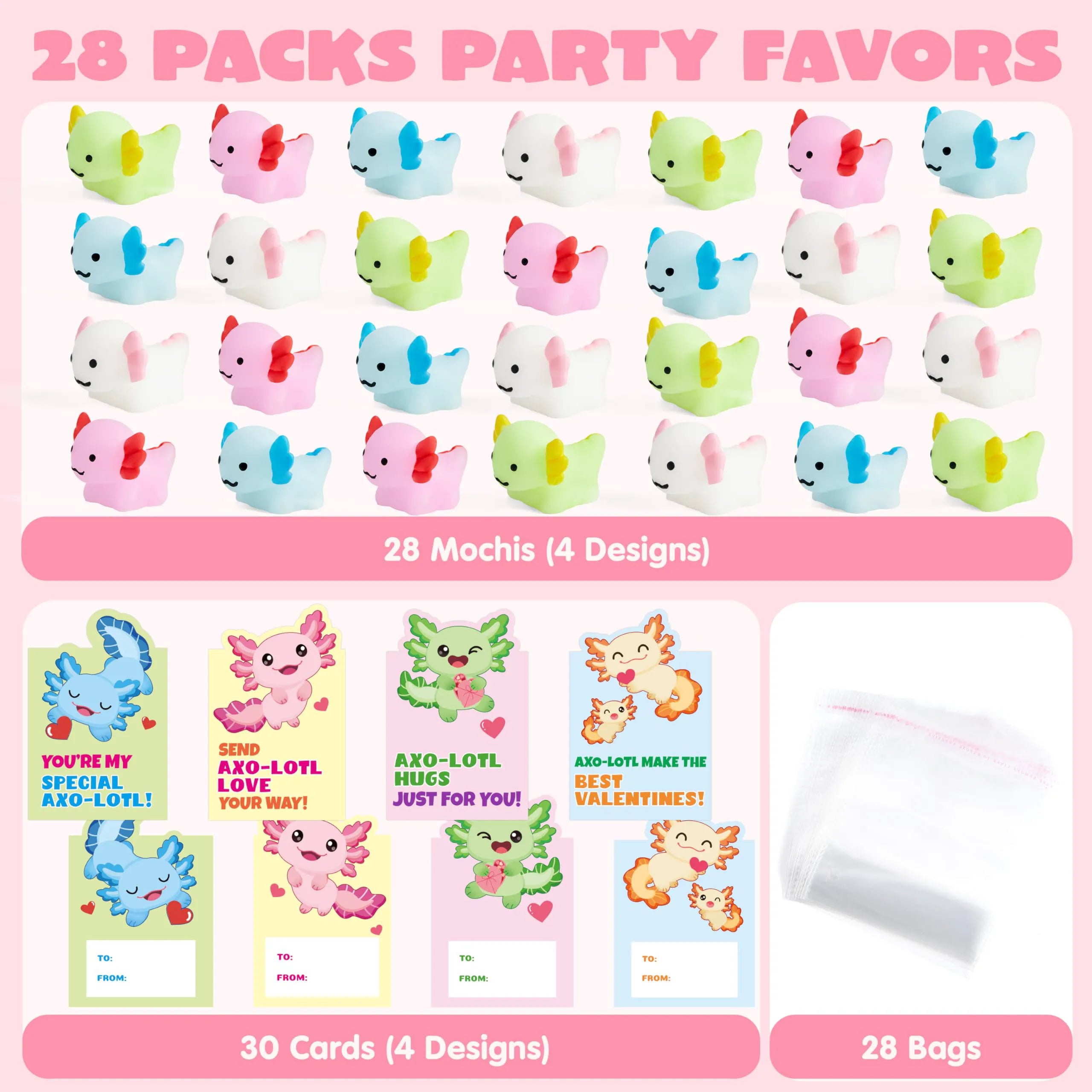 JOIN 28-Pack Valentine's Day Axolotl Mochi Squishy Toys with Funny Cards for Kids