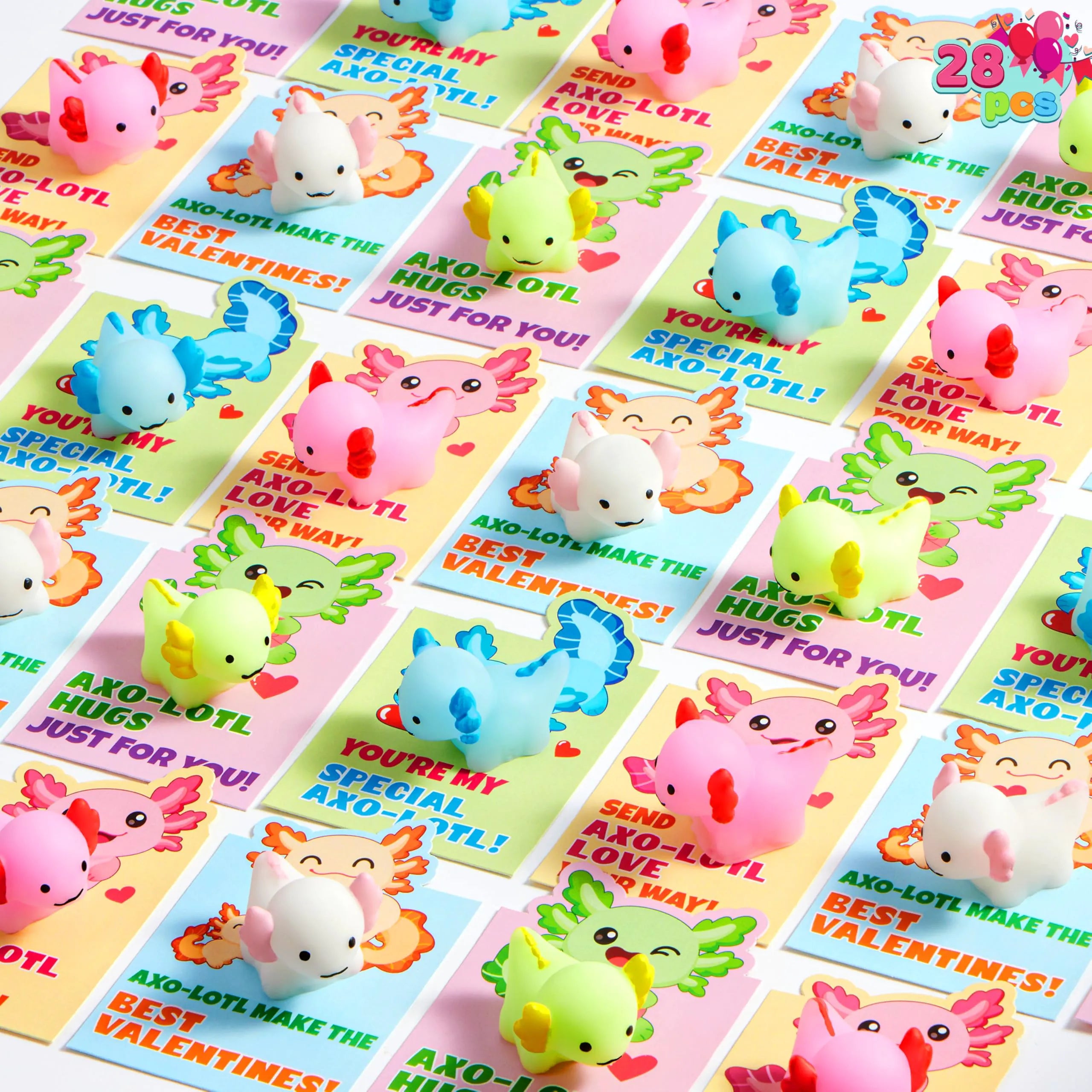 JOIN 28-Pack Valentine's Day Axolotl Mochi Squishy Toys with Funny Cards for Kids