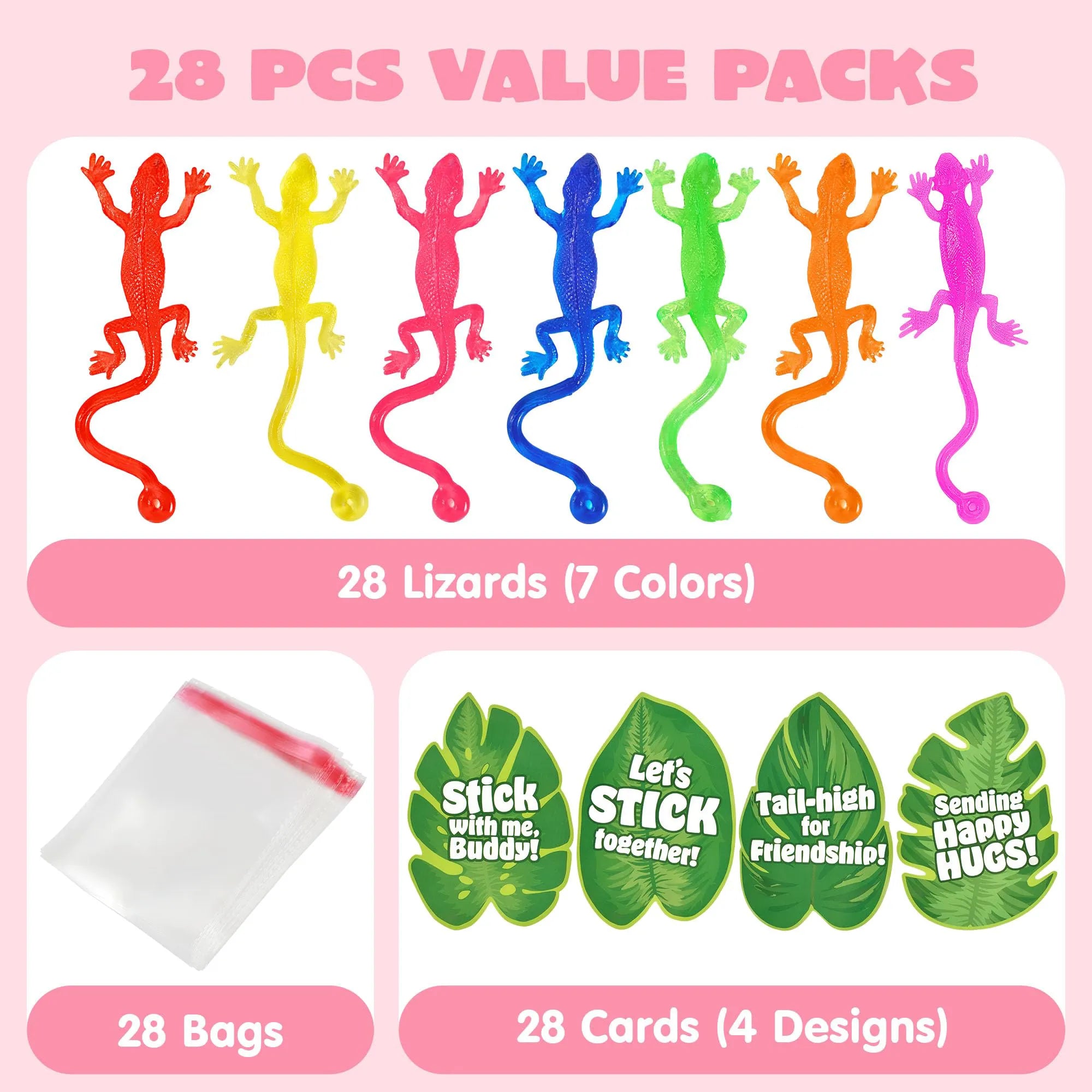 JOYIN 28 Pcs 3" Valentine's Day Sticky Lizards with Cards for Kids in 7 Colors & 4 Card Designs