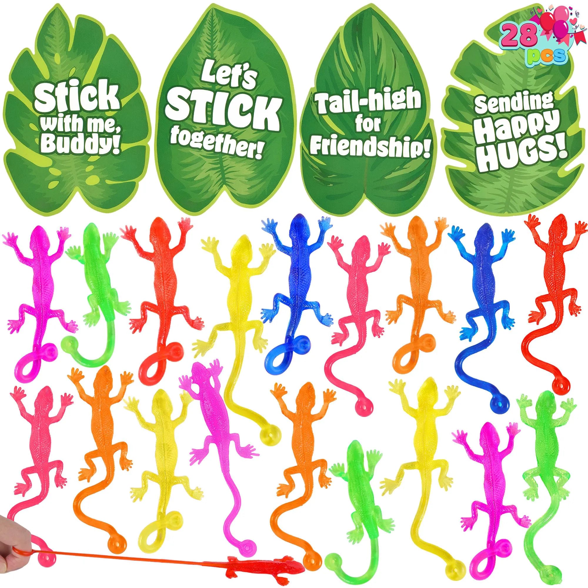 JOYIN 28 Pcs 3" Valentine's Day Sticky Lizards with Cards for Kids in 7 Colors & 4 Card Designs